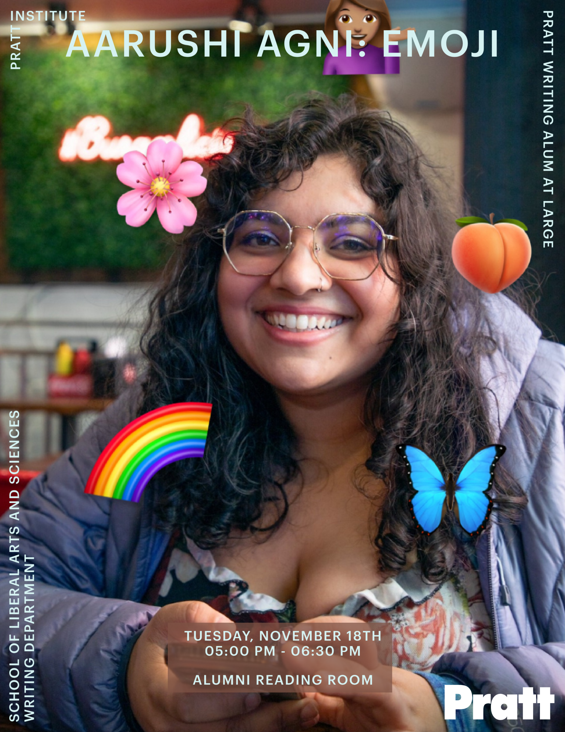 A smiling person with curly hair is seated in a cozy setting, wearing glasses and a blue jacket. They have a floral top and are surrounded by emojis, including a flower, a peach, a rainbow, and a butterfly. Text overlays include event details, such as name, date, and location, set against a visually appealing background featuring greenery and a neon sign.