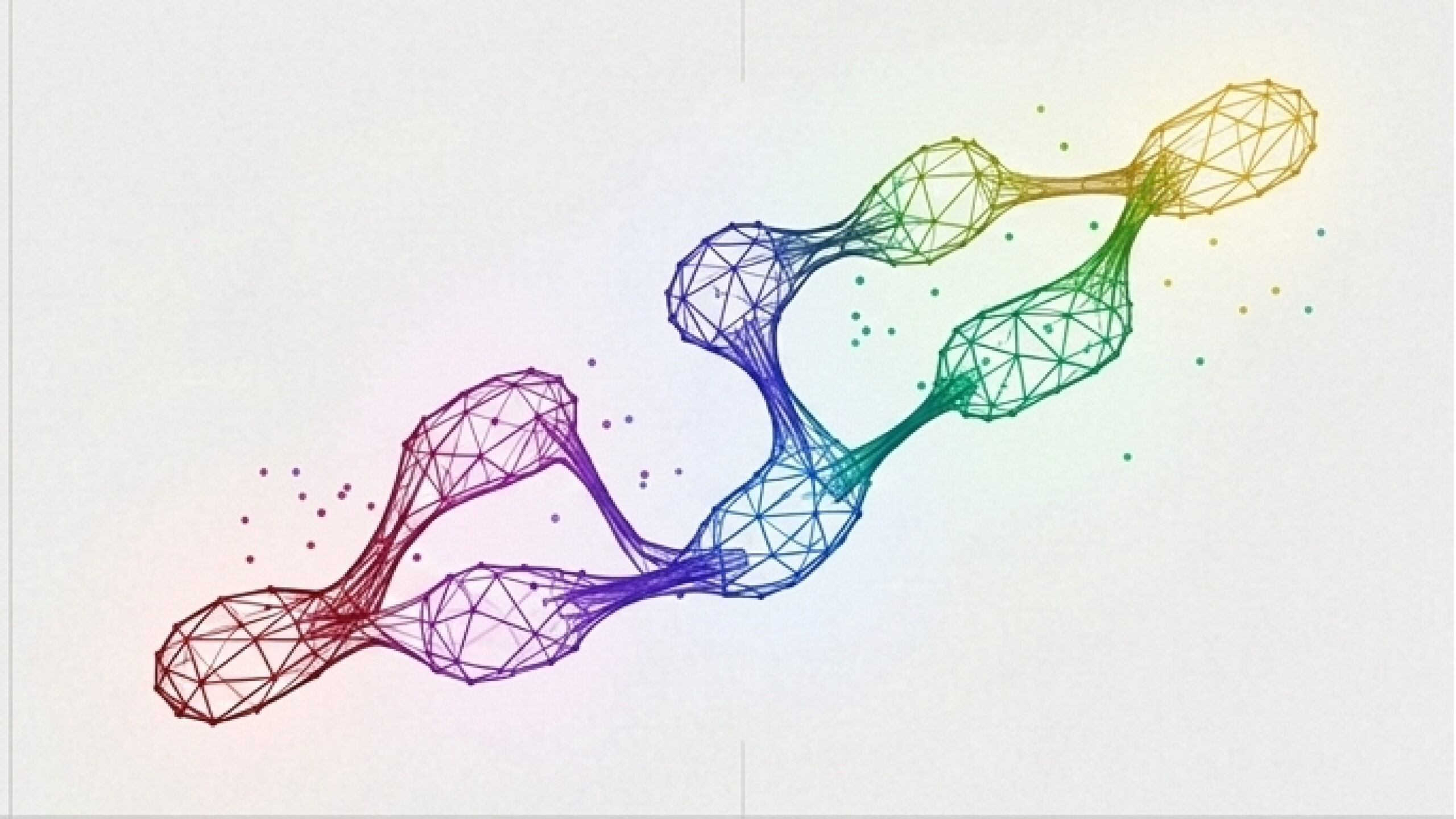 A colorful abstract representation of interconnected geometric shapes resembling a molecular structure, featuring a series of triangular mesh formations in gradient hues of purple, blue, green, and yellow, set against a light background with small dots scattered around.