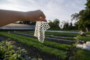 A hand holds a transparent, bubble-like material, with the background showing a farm with rows of green plants under a clear sky. A greenhouse is visible in the distance. The lighting indicates it's either early morning or late afternoon.