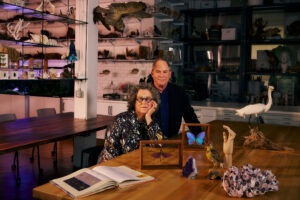 Two people are seated at a wooden table in a well-lit laboratory filled with various natural specimens. The woman, with curly hair and glasses, rests her chin on her hand, while the man stands behind her, looking toward the camera. In front of them are framed butterflies, a hand sculpture, and a variety of nature artifacts, including a white bird and colorful stones. Shelves in the background display more examples of flora and fauna.