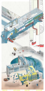 An illustrated cross-section of a conceptual "Memory Bank" building, featuring a large cylindrical structure labeled "Banco de Memoria." The design showcases various levels and sections, including spaces for community activities with people engaging inside and outside. Surrounding elements like furniture and waste suggest a dynamic environment, while sloping pathways and transparent walls create an open feel. Decorative graphics add vibrance, emphasizing themes of memory and community interaction.