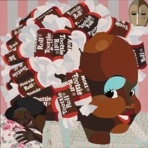 A colorful abstract artwork featuring a large head, adorned with numerous Tootsie Roll candies as hair. The background is a mix of pink stripes and patterns, while a smaller figure with dark skin and a joyful expression rests beside the main head. The piece combines playful elements, vibrant colors, and patterns, creating a unique and imaginative scene.