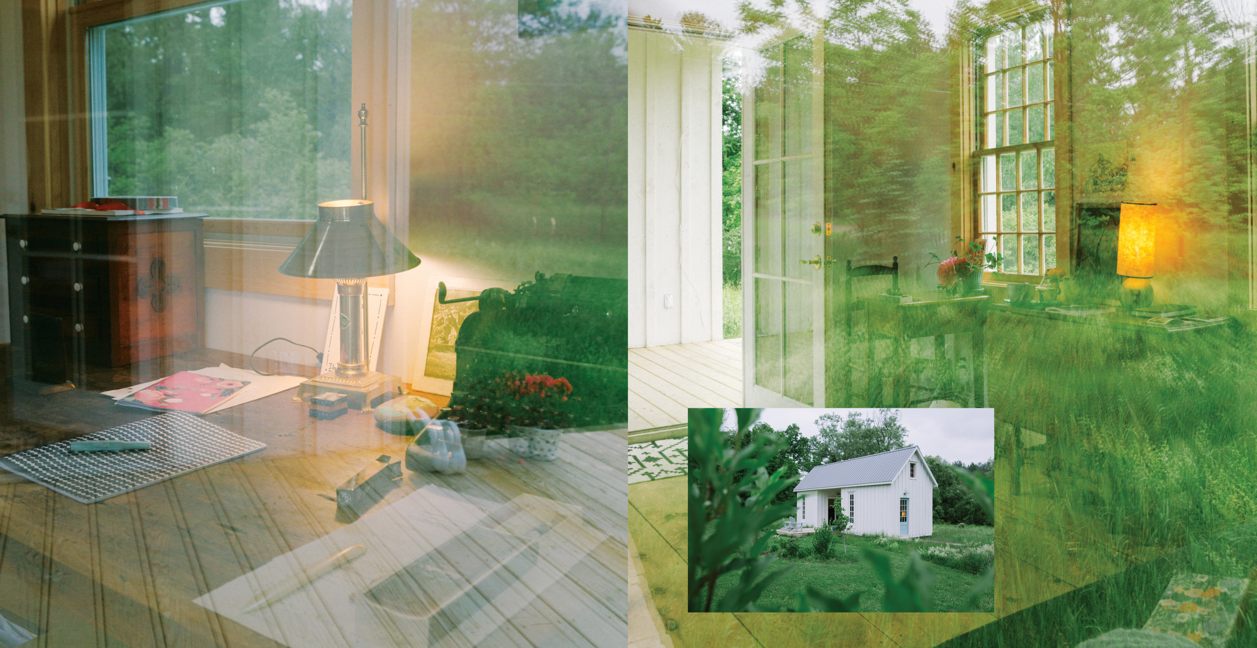 Collage of photos of interior and exterior of a writing studio situated in a green yard