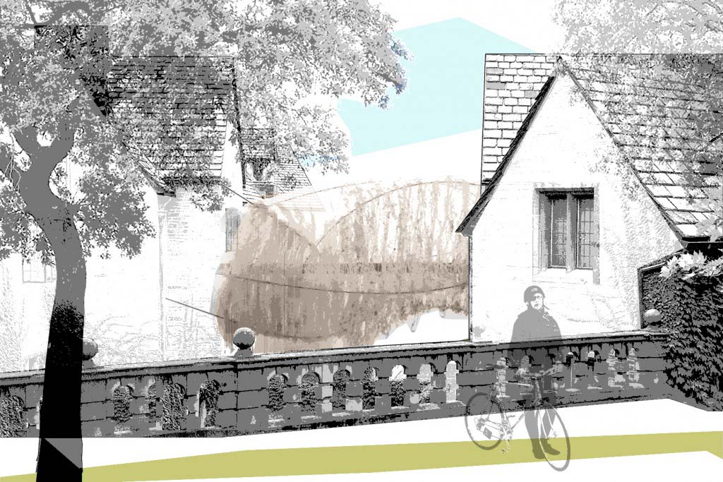 Tubular, web-like bridge linking houses in a bucolic setting near a bicycle path