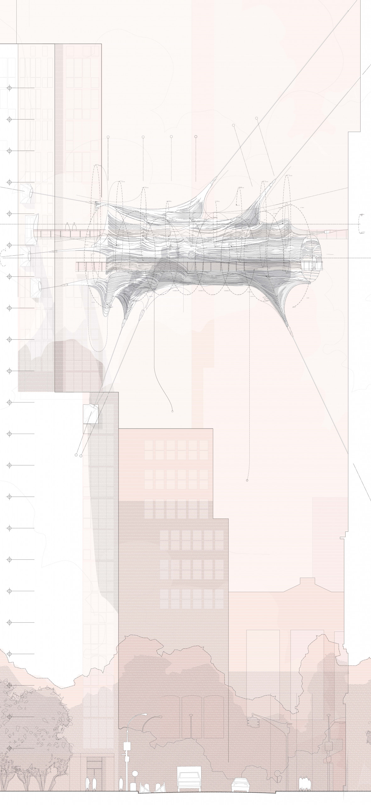 Rendering of tubular, web-like architectural element bridging two towers, observed from the side