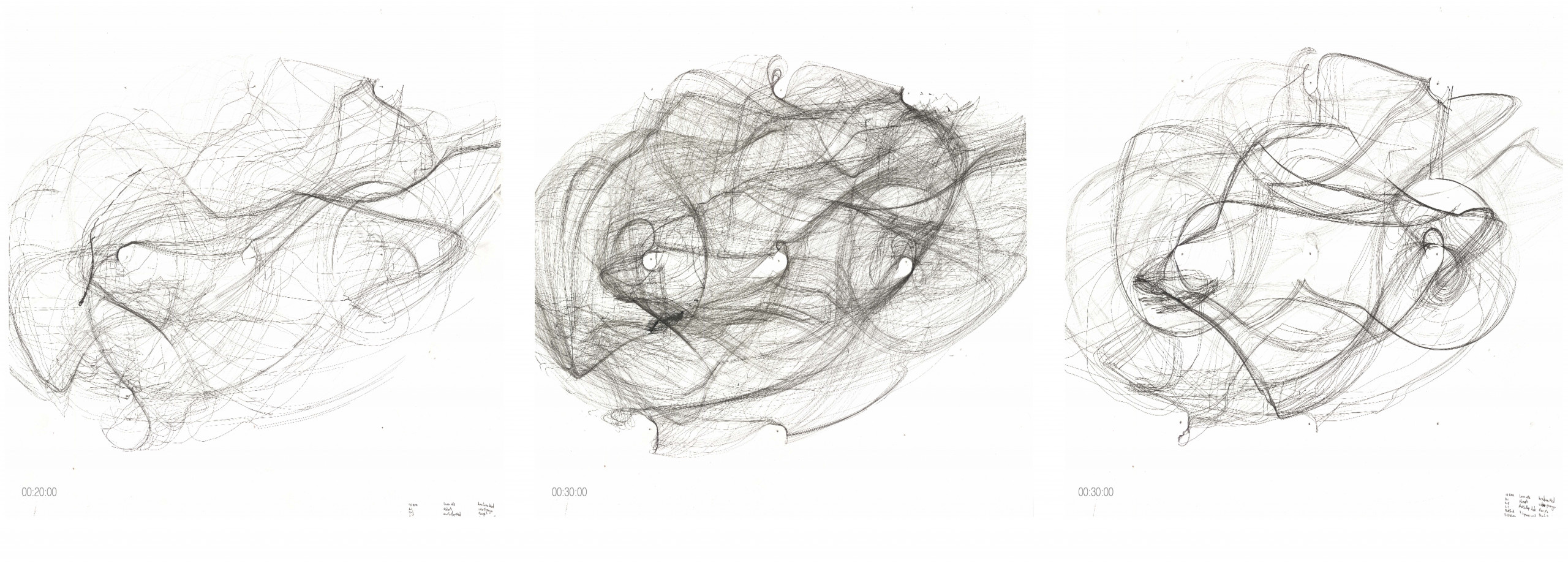 Three swirling sketches drawn with various line weights