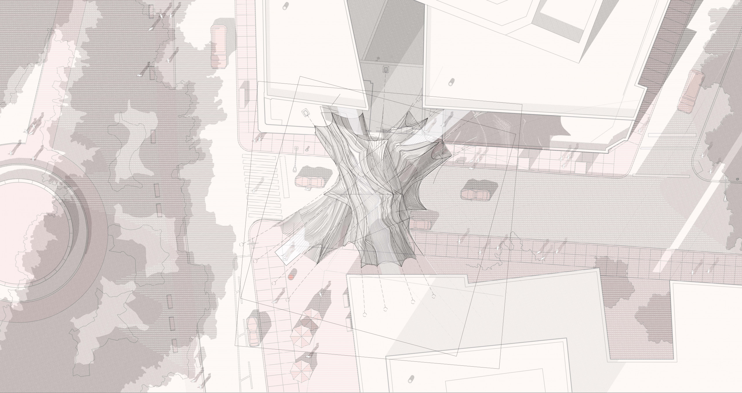 Rendering of tubular web-like architectural element connecting two buildings, observed from above