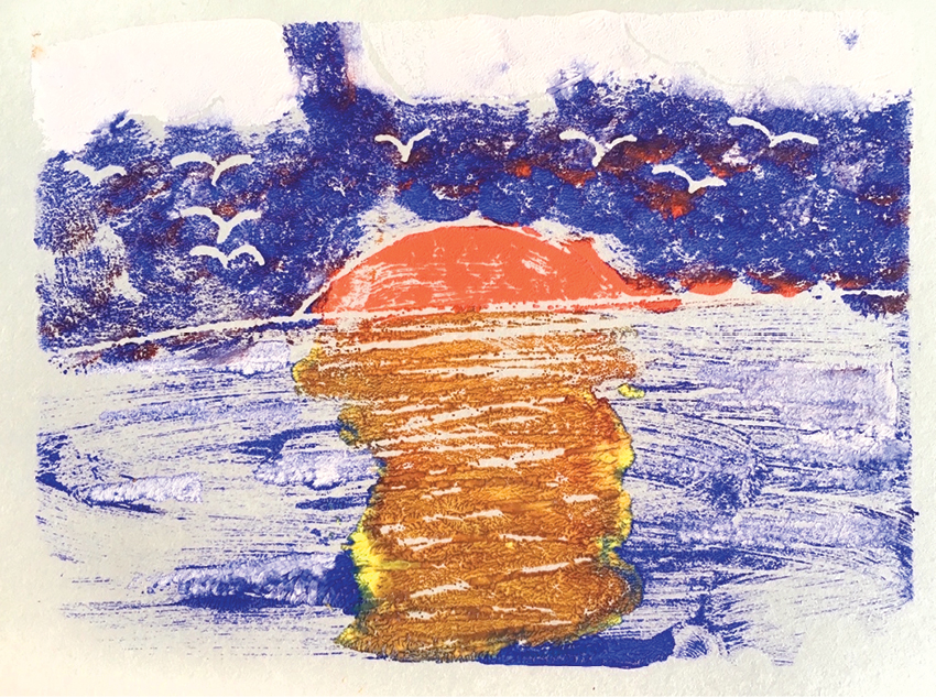 Child's painting of a sun setting over the sea