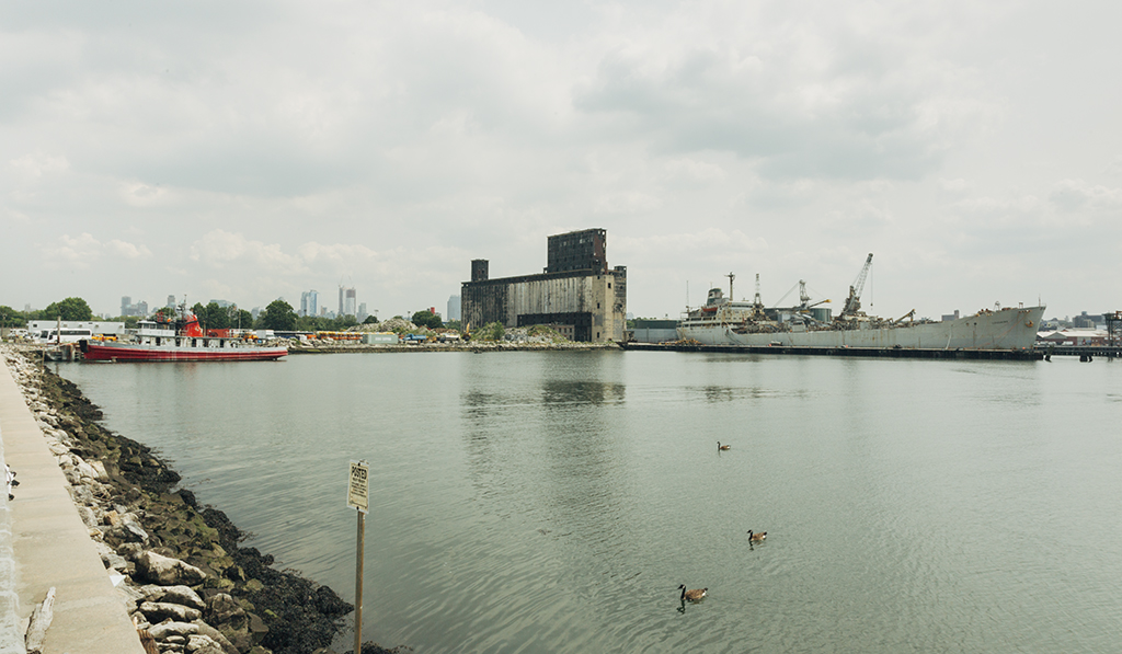 A waterway in industrial Brooklyn with two barges and ducks swimming