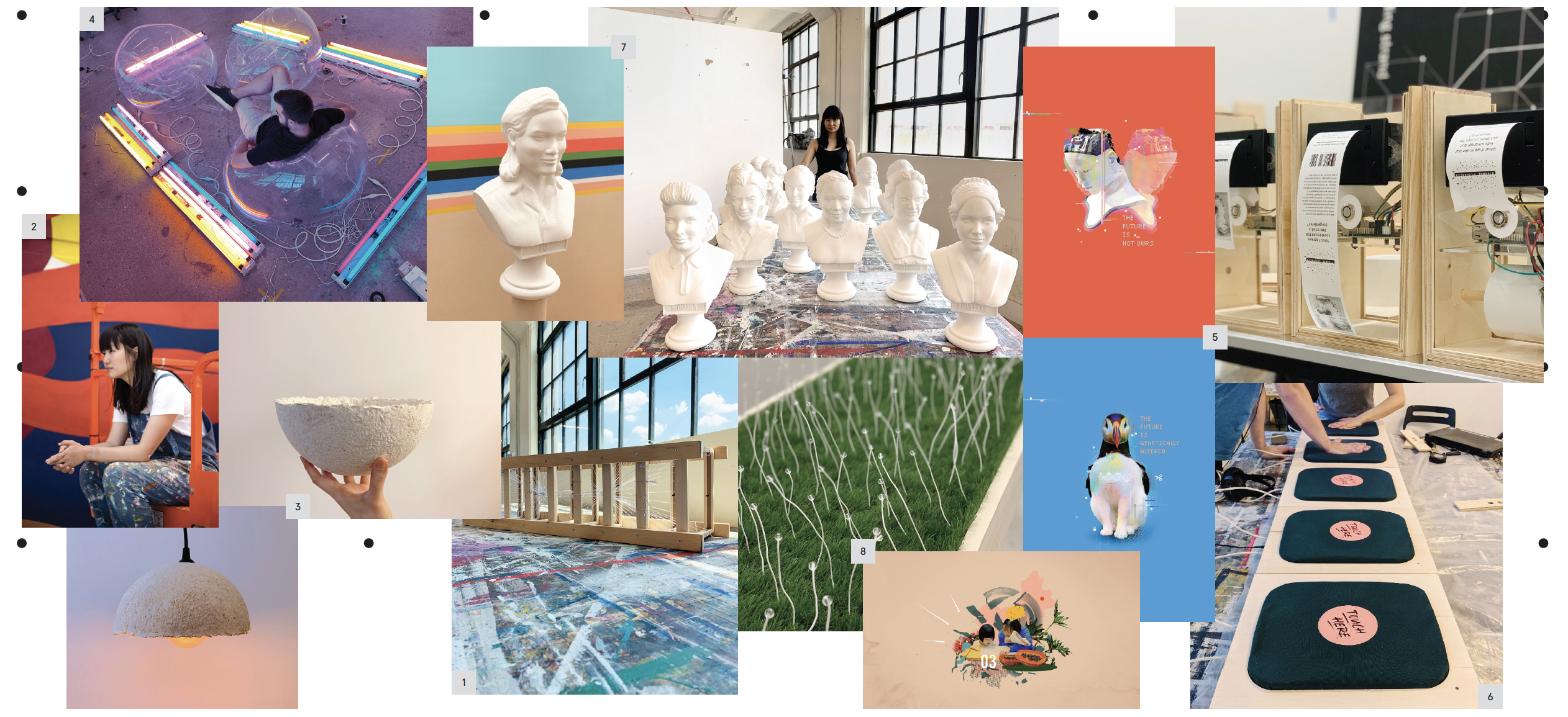 A collage of install shots and images from an exhibition, including mycelium lampshades, 3D-printed busts of women scientists, a receipt machine printing text, and a grassy bed of model neurons