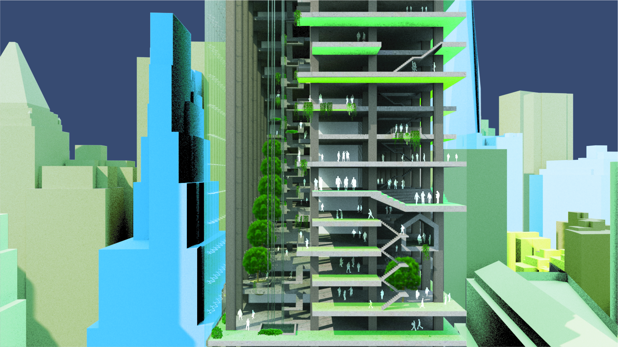 Side view of skyscraper showing white silhouettes of people on different floors engaging with open space