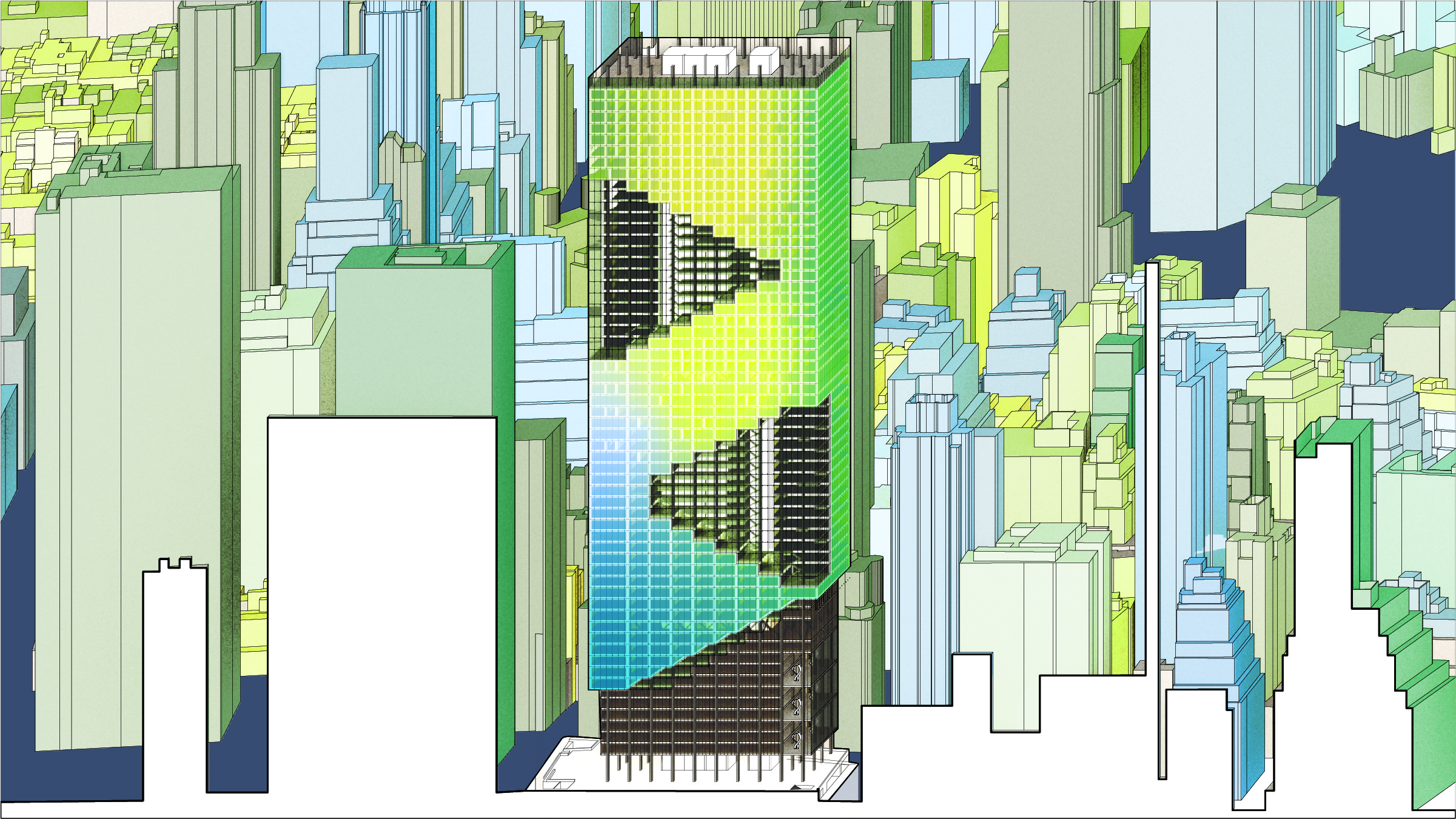Pulled-back side view of skyscraper showing zig-zag pattern of enclosed and open spaces, colored yellow, green, and blue