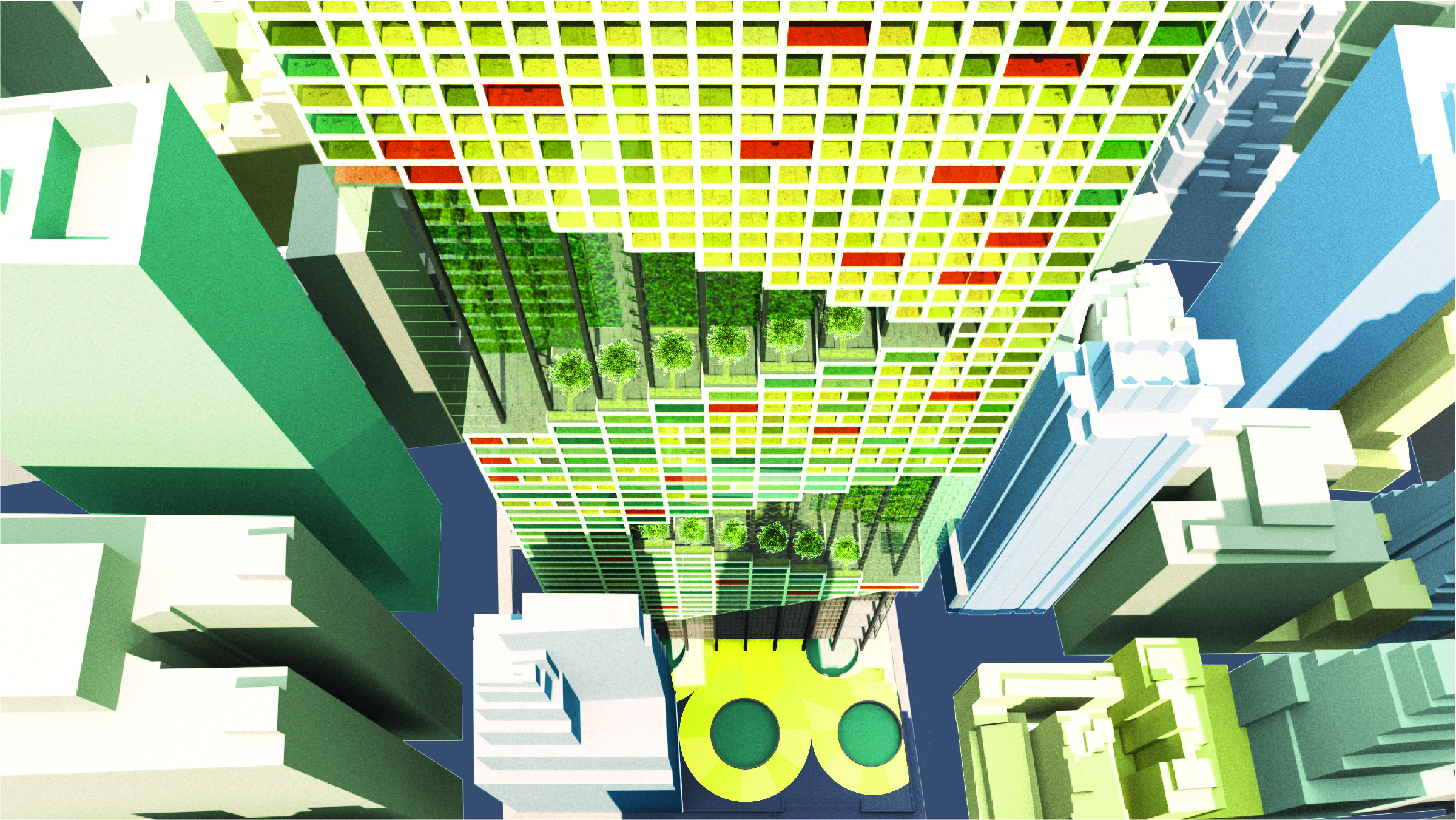 Overhead view looking down the side of a skyscraper colored in shades of red, green, and yellow to represent the types of occupant use