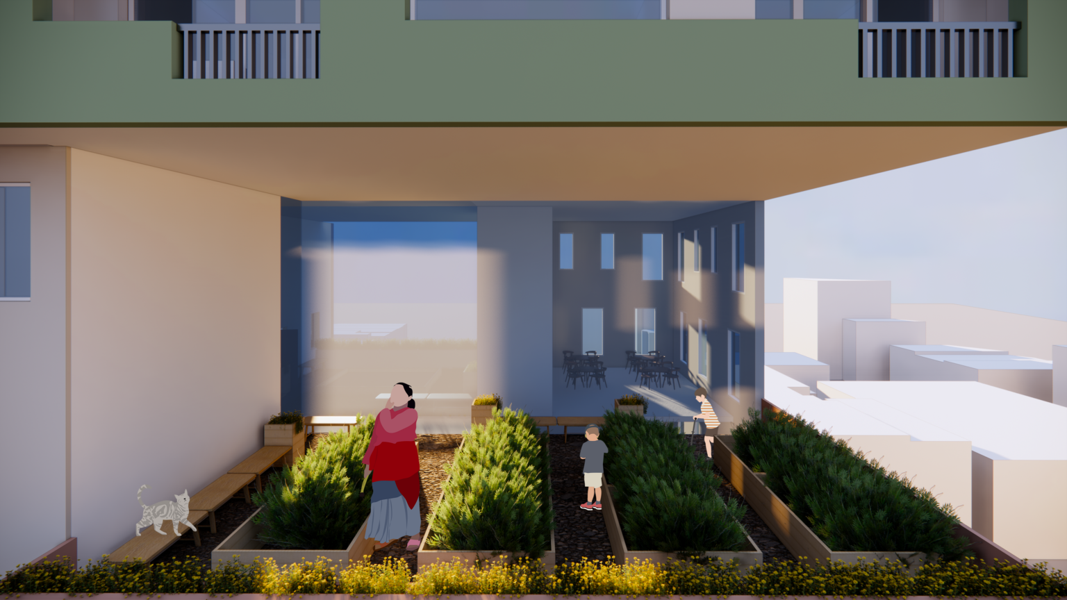People stand and interact with plants among rows of a raised-box garden between floors of an apartment building