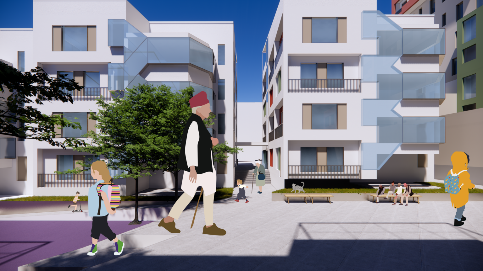 Adults and children walk in a courtyard surrounded by four-story residential buildings