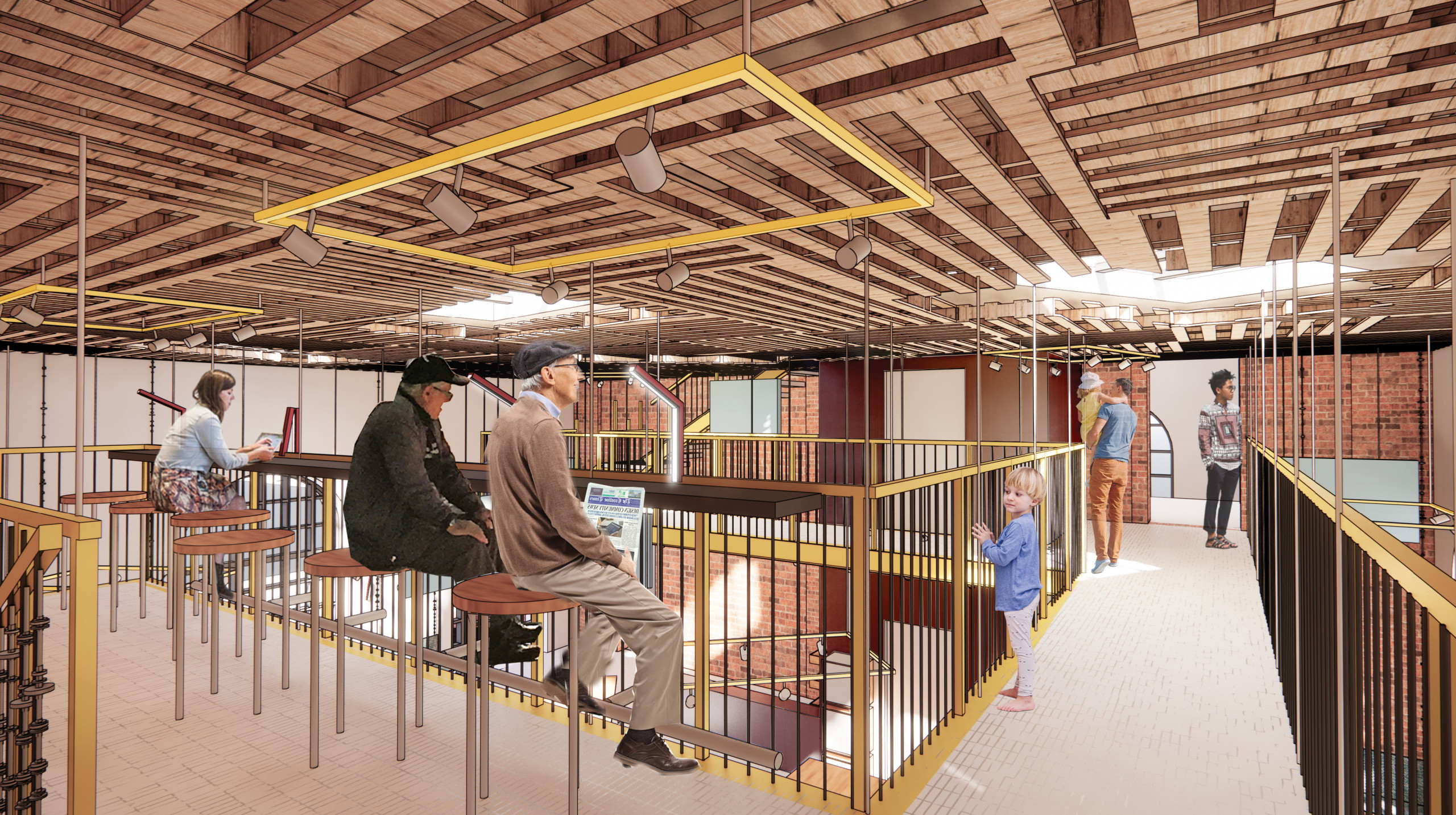 People sit on stools around a skylit mezzanine, reading a newspaper and typing on a laptop, with a ceiling of crossed wood planks and brick interior walls