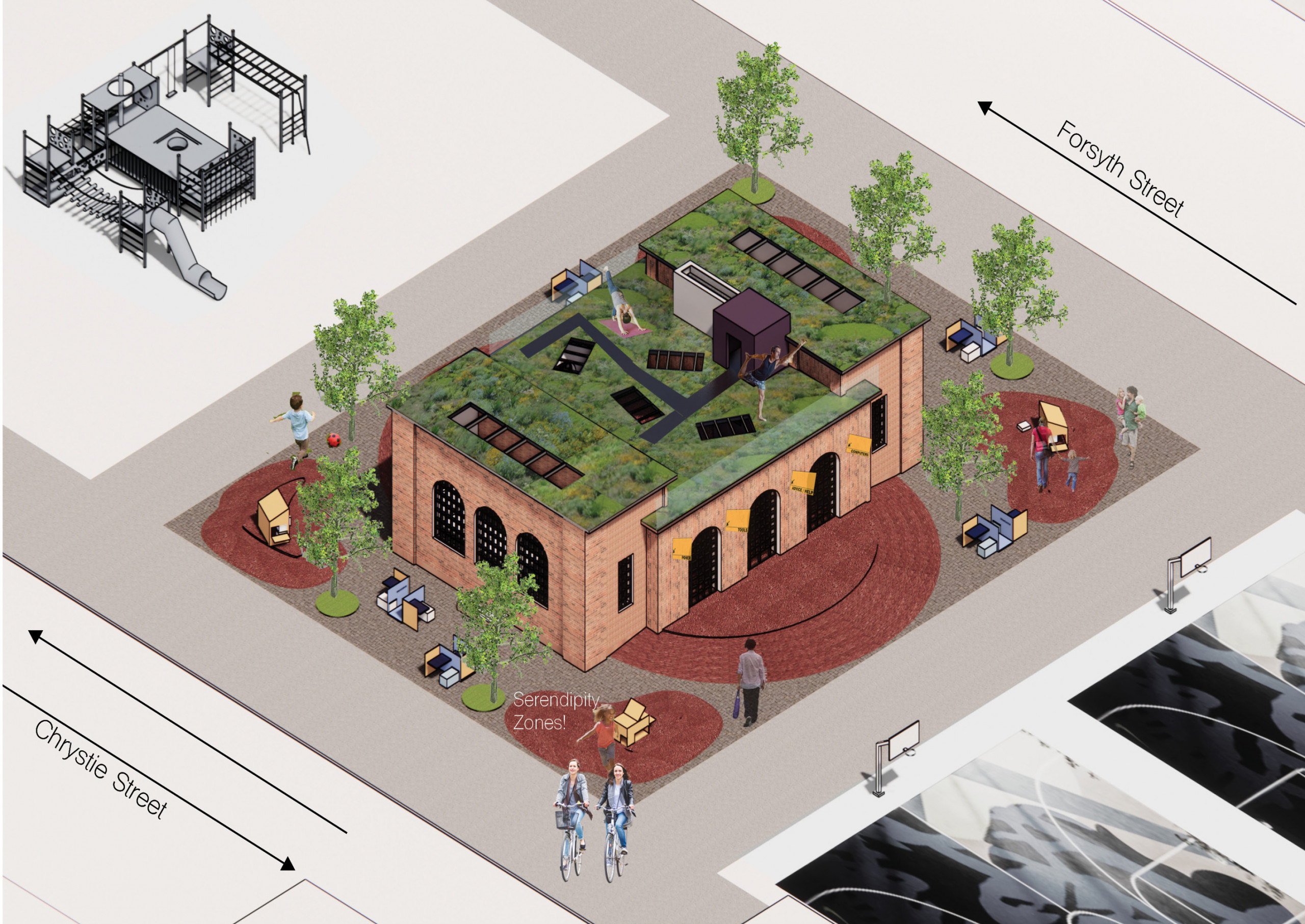 Overhead view of a community center between Chrystie and Forsyth Streets, showing a green roof where people practice yoga, brick patios labeled “serendipity zones,” and square chair-and-table sets around the periphery
