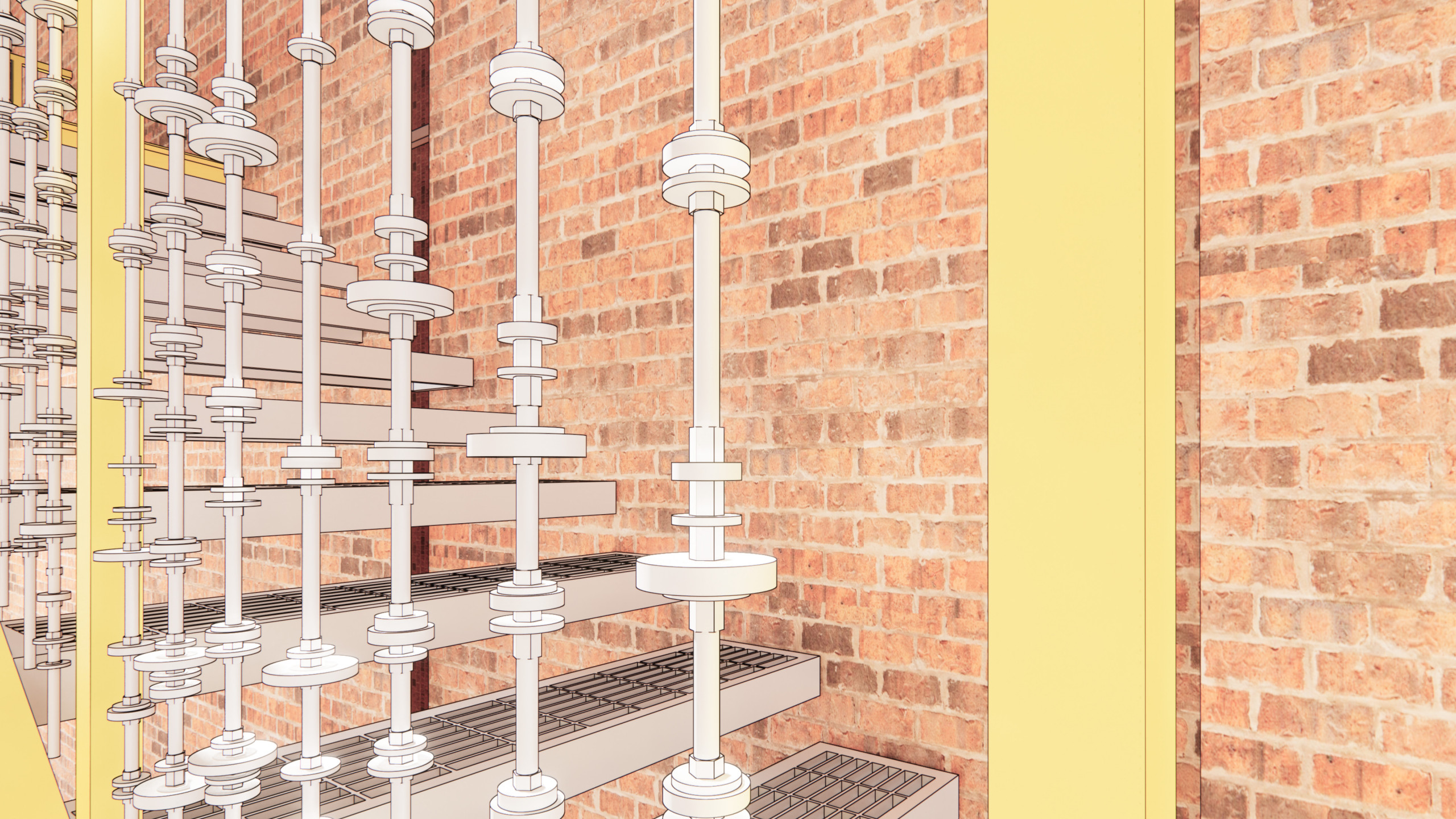 Washers and nuts are suspended along the rails of a metal staircase, with a brick wall in the background