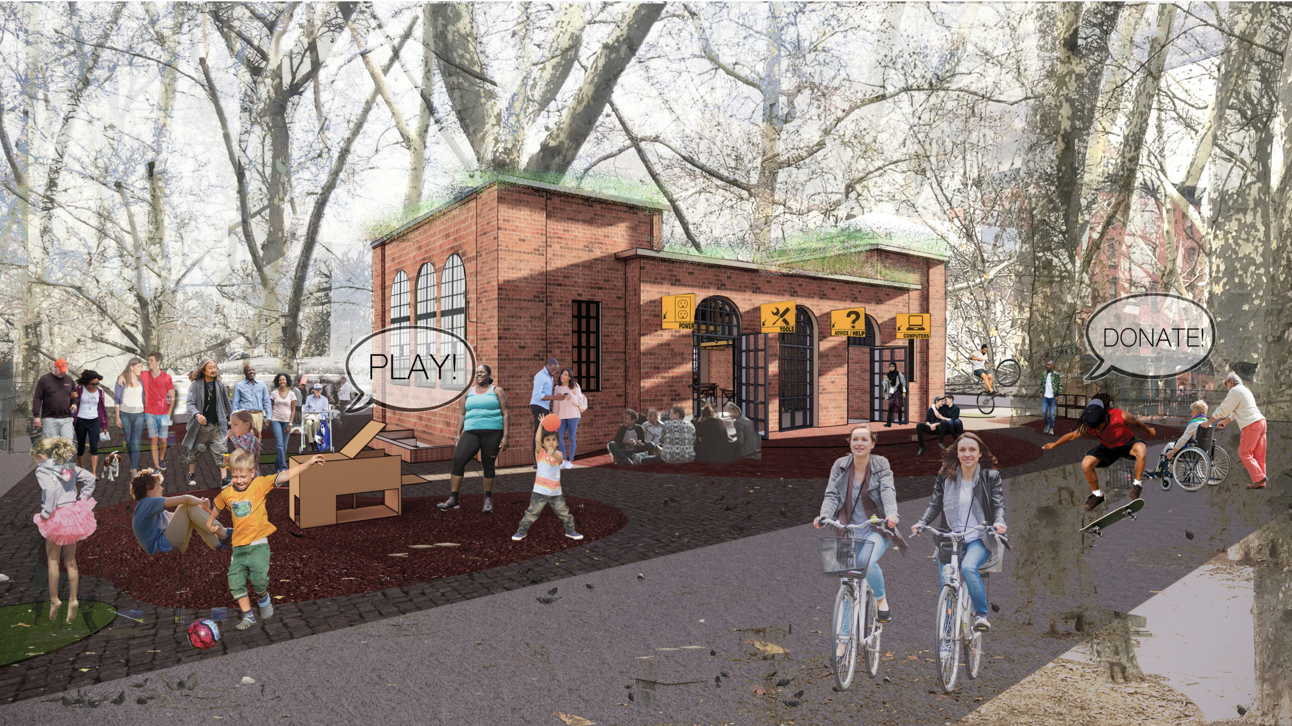 The bustling exterior of a community center showing children playing, bicycling and skateboarding, people in wheelchairs and on foot moving through the patio, and a group congregating in a circle