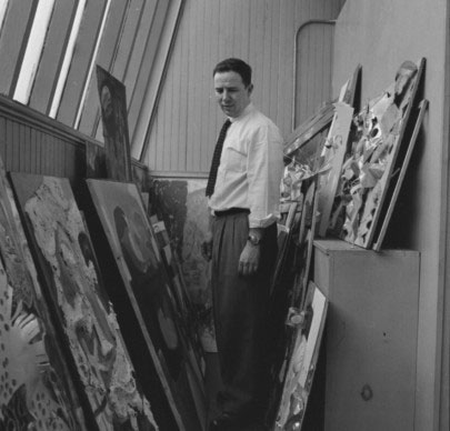Richard Bove with student work in 1959. From the Pratt Institute Archives Negatives Collection.