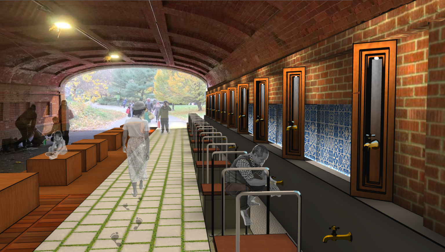 A person washes their hands at a washing station within one of Central Park’s tunnels as a barefoot person passes by on a white stone walkway between a row of washing stations and a row of wooden blocks for sitting