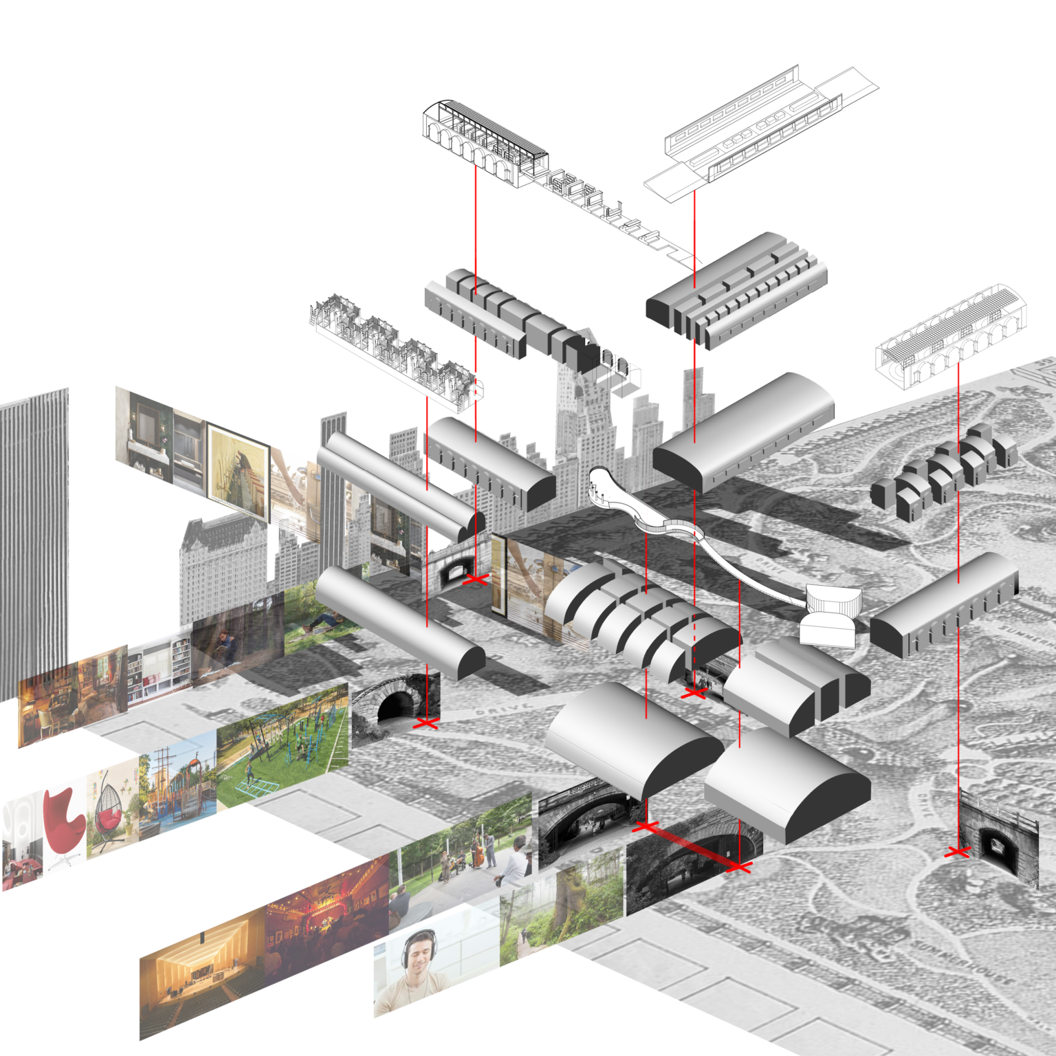 Diagram showing the space within a selection of Central Park’s tunnels and the interior architectural components to fill that void