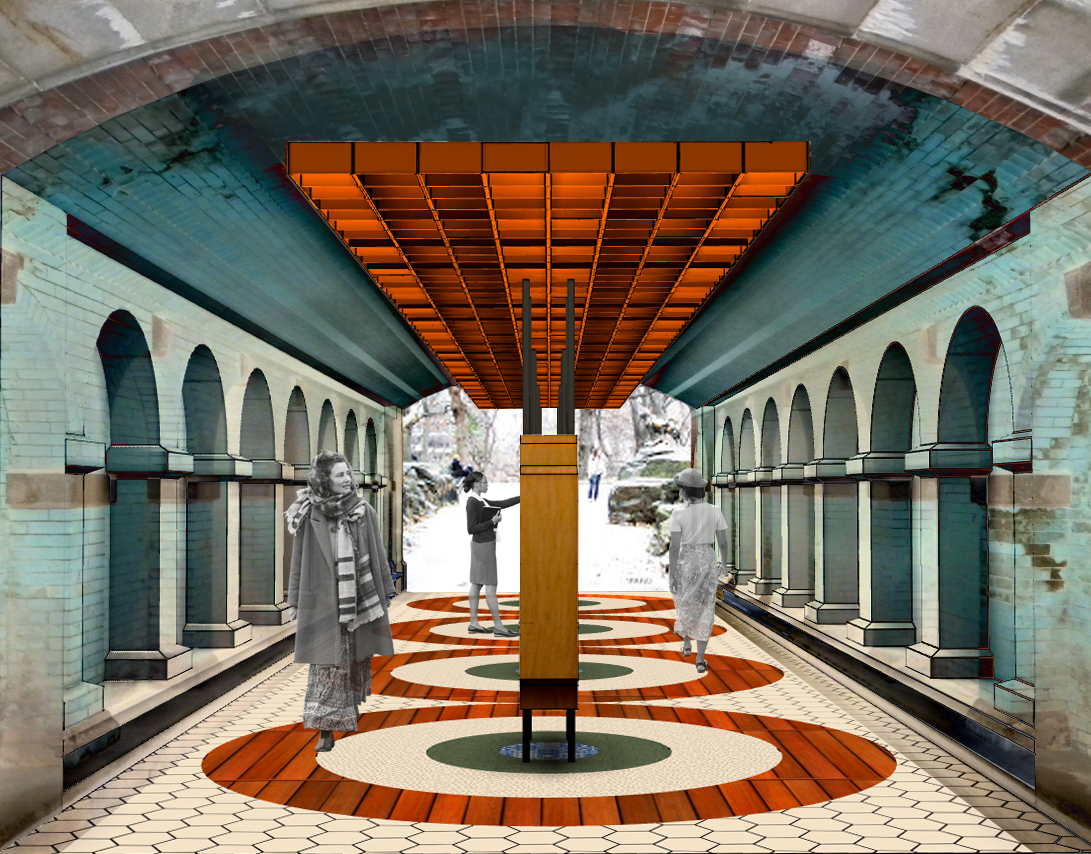People pass through a park tunnel with wall and overhead bricks tinted in a pale green-blue, with a long red ceiling fixture; green, white, and red concentric circles on the floor; and a row of bookshelves running the length of the tunnel