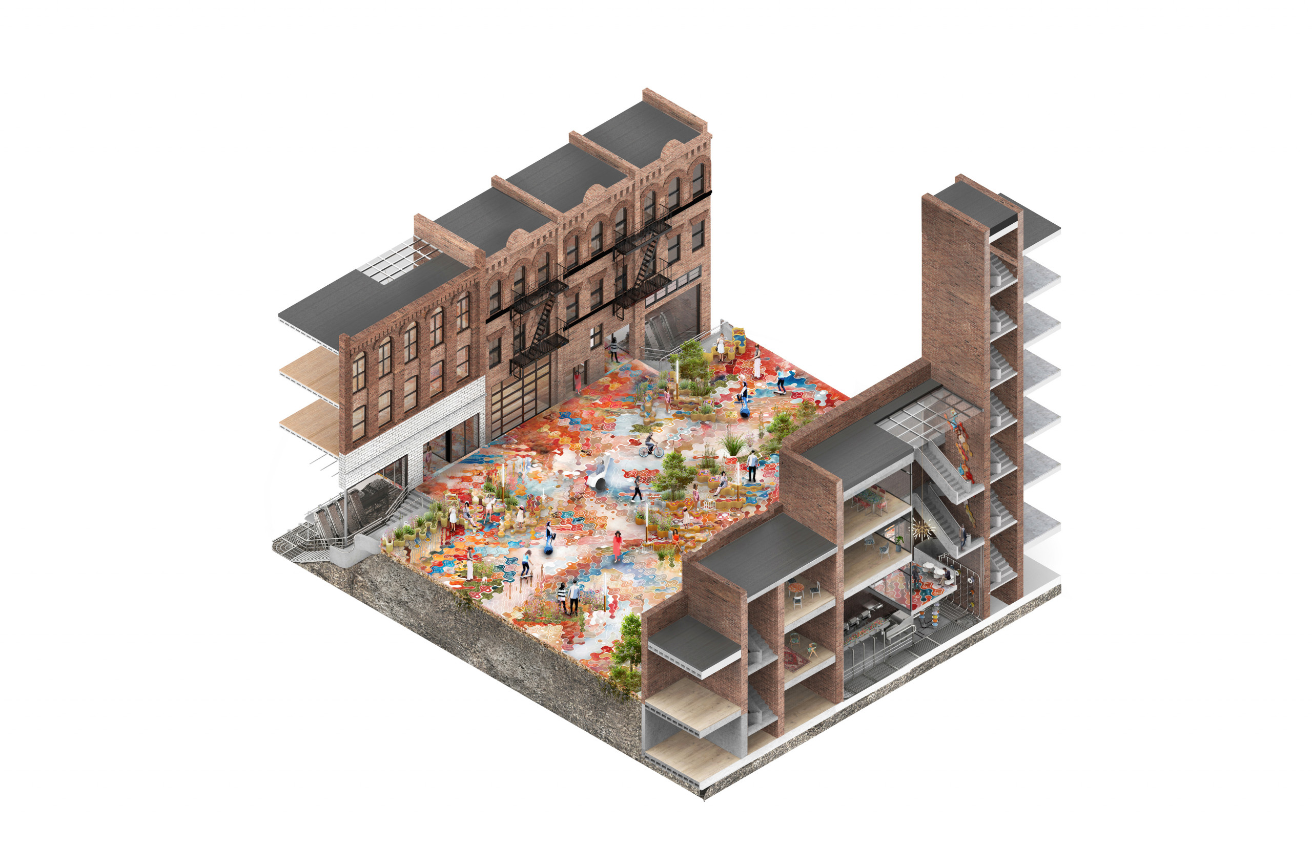 Axonometric view from above of a city block with brownstone townhomes on either side of a colorful pedestrian plaza