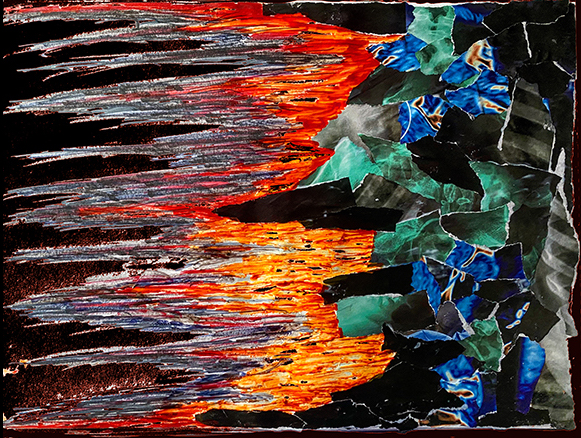 From left to right, thick black brushstrokes extend into fire-red marker-like strokes, which meet a field of strips and fragments of green, blue, and black