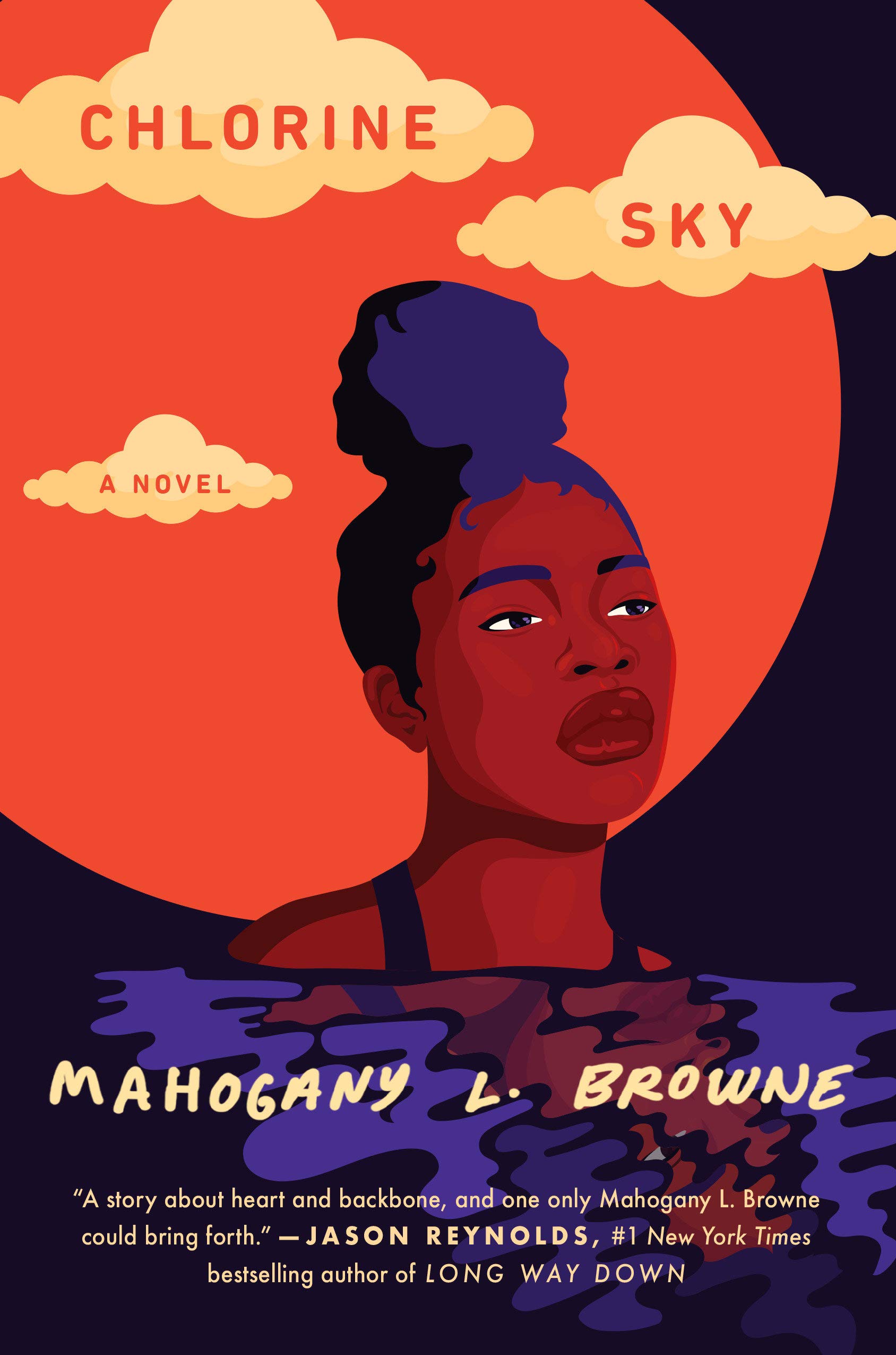 Cover of Chlorine Sky, with bather with brown skin and curly top-knotted hair emerging from purple rippling water under clouds, against a red orb.