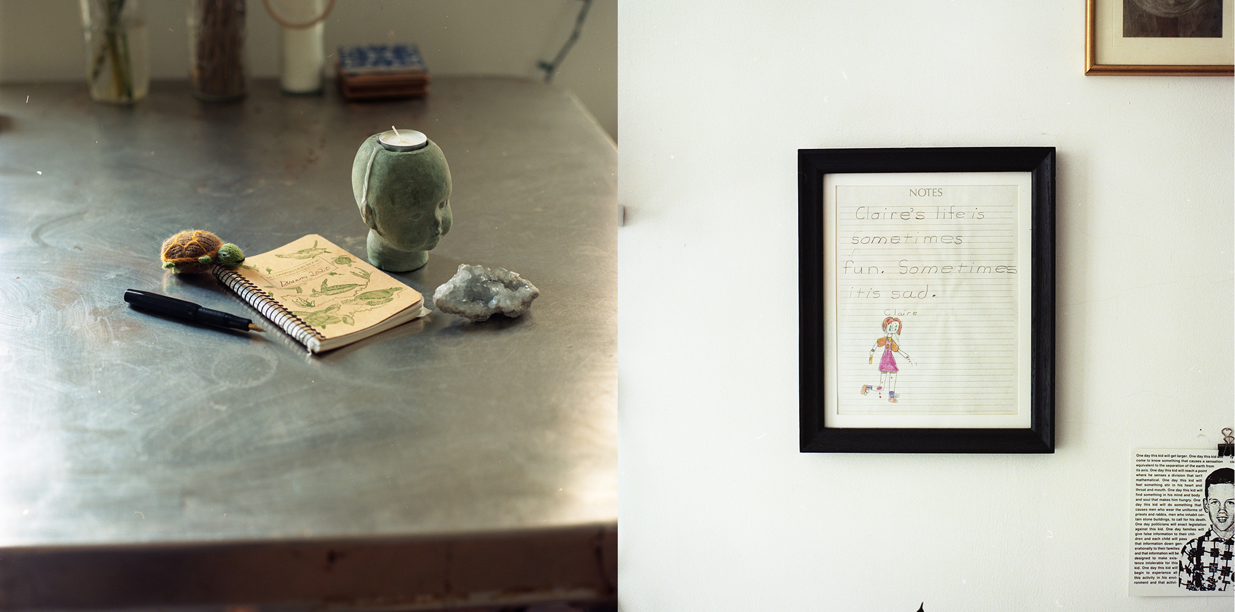 Split picture of a notebook with a pen, candles and jade-colored crystals around; a picture of a framed note