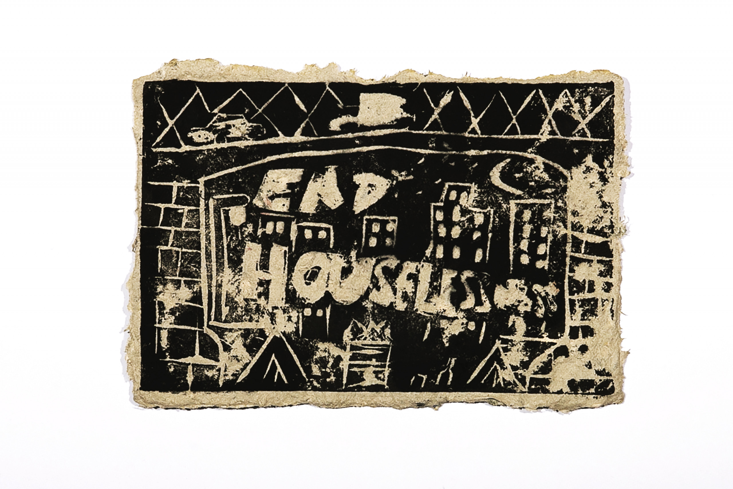 Rough-edged paper with black-ink print of a city skyline viewed through the plinths of a bridge with the message “end houselessness”