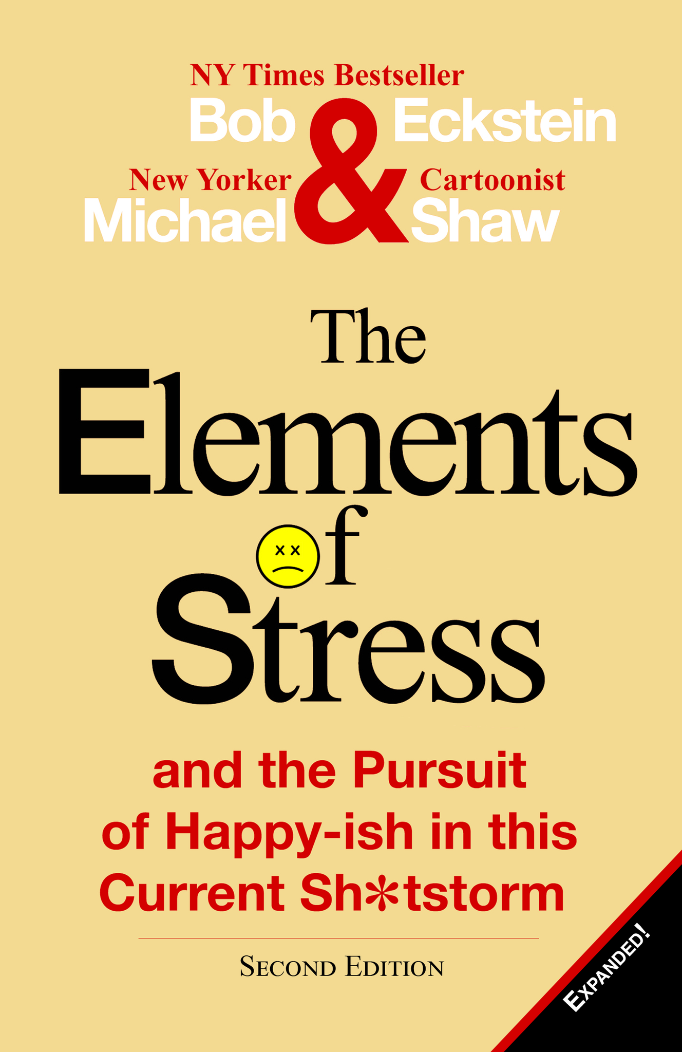 Cover of The Elements of Stress, black type on beige background, a frowny face with Xs for eyes as the letter O.