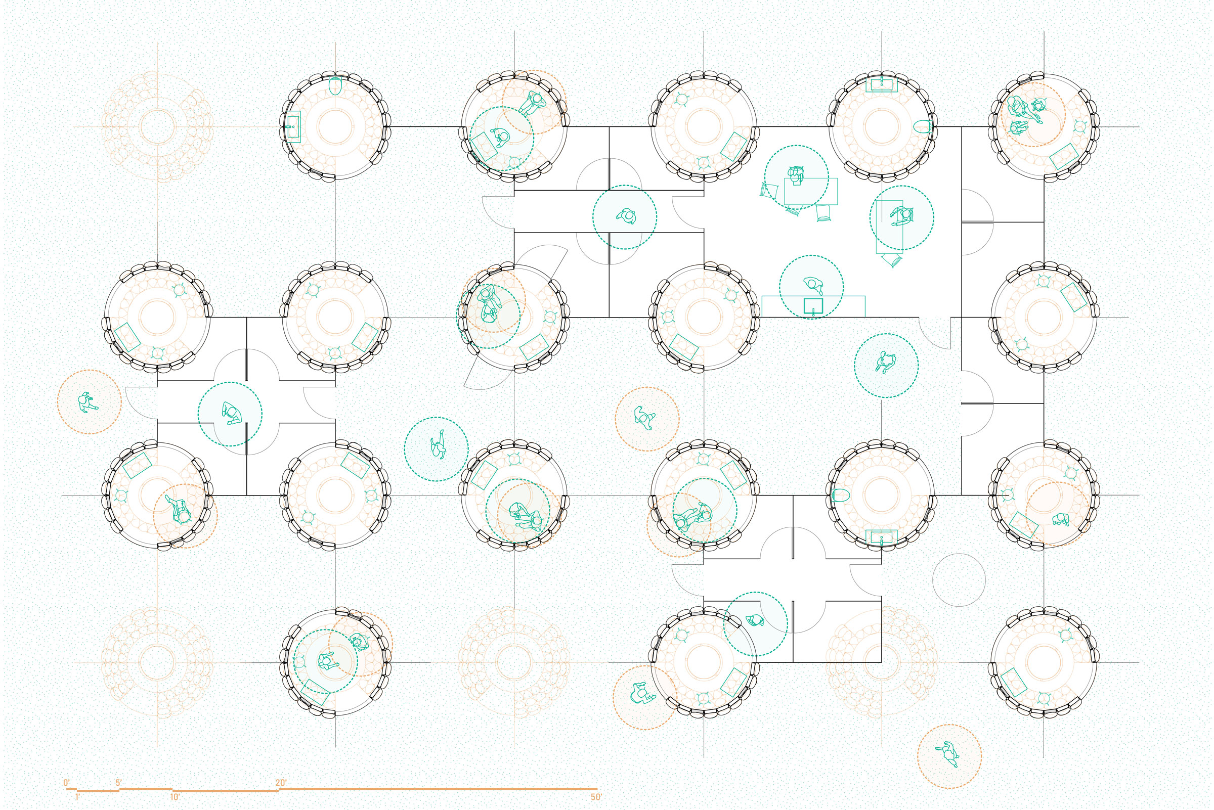 Line drawn overhead view of 19 circular structures linked by walls