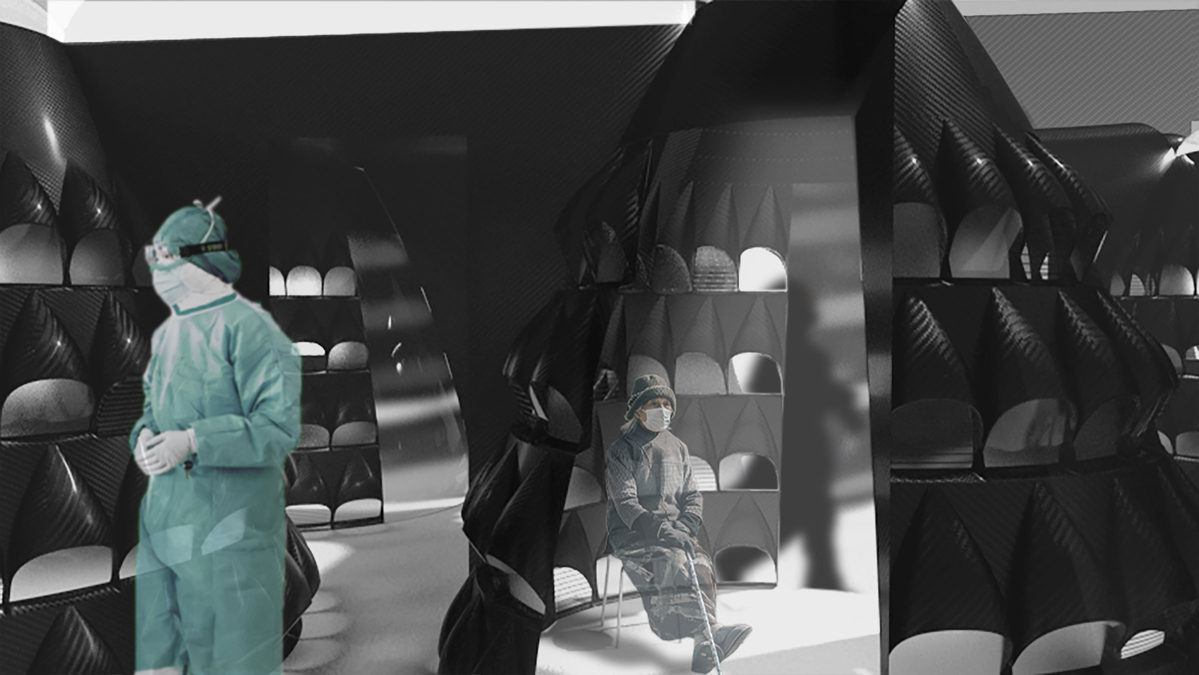 Masked person with cane sits inside one of several domed black structures with conical air passageways running along its curved walls