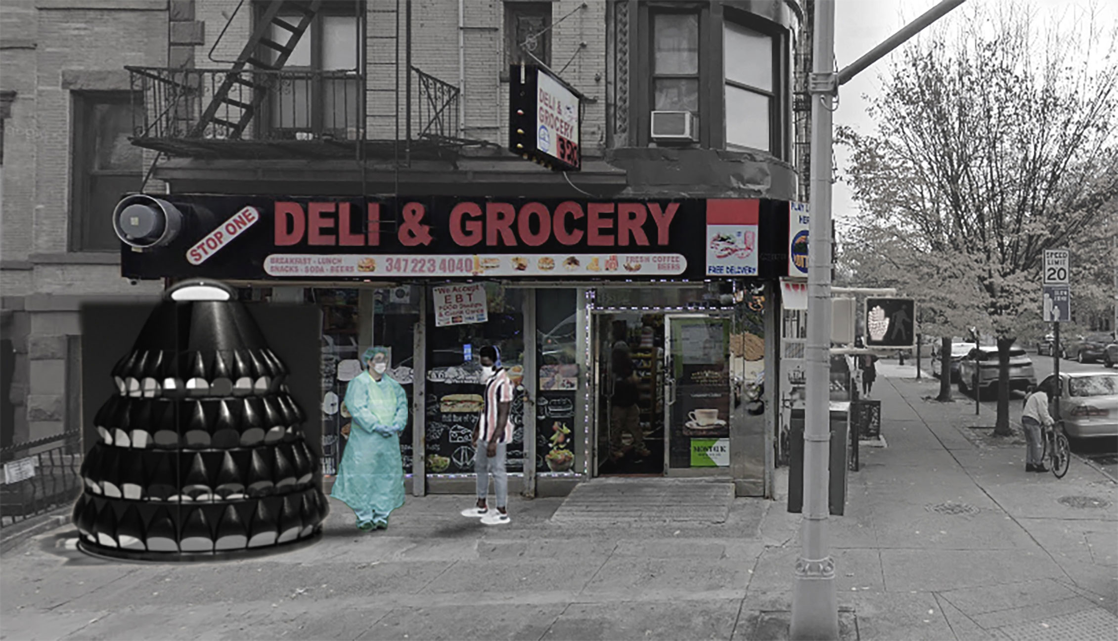 In front of the Stop One corner store, a clinician in protective gear and patient stand outside a black conical structure