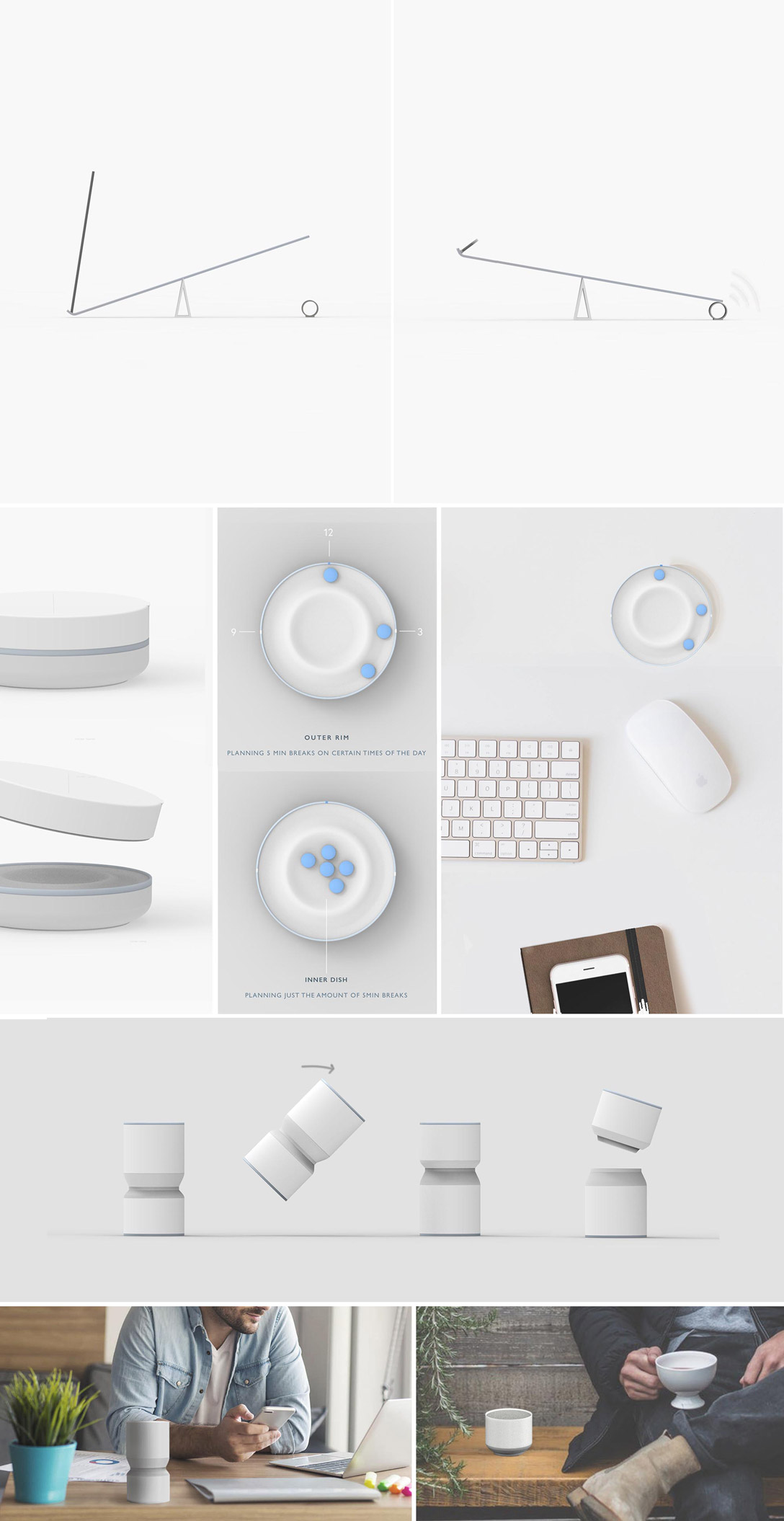 Concept images of the hourglass speaker and incense burner in use
