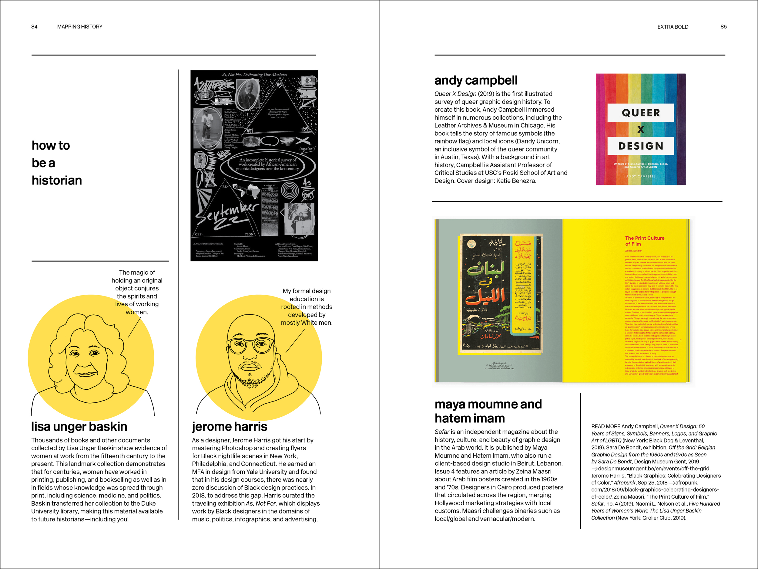 Spread from Extra Bold with headshot illustrations of Lisa Unger Baskin and Jerome Harris, and on facing page, cover of Queer x Design and interior of Safar magazine