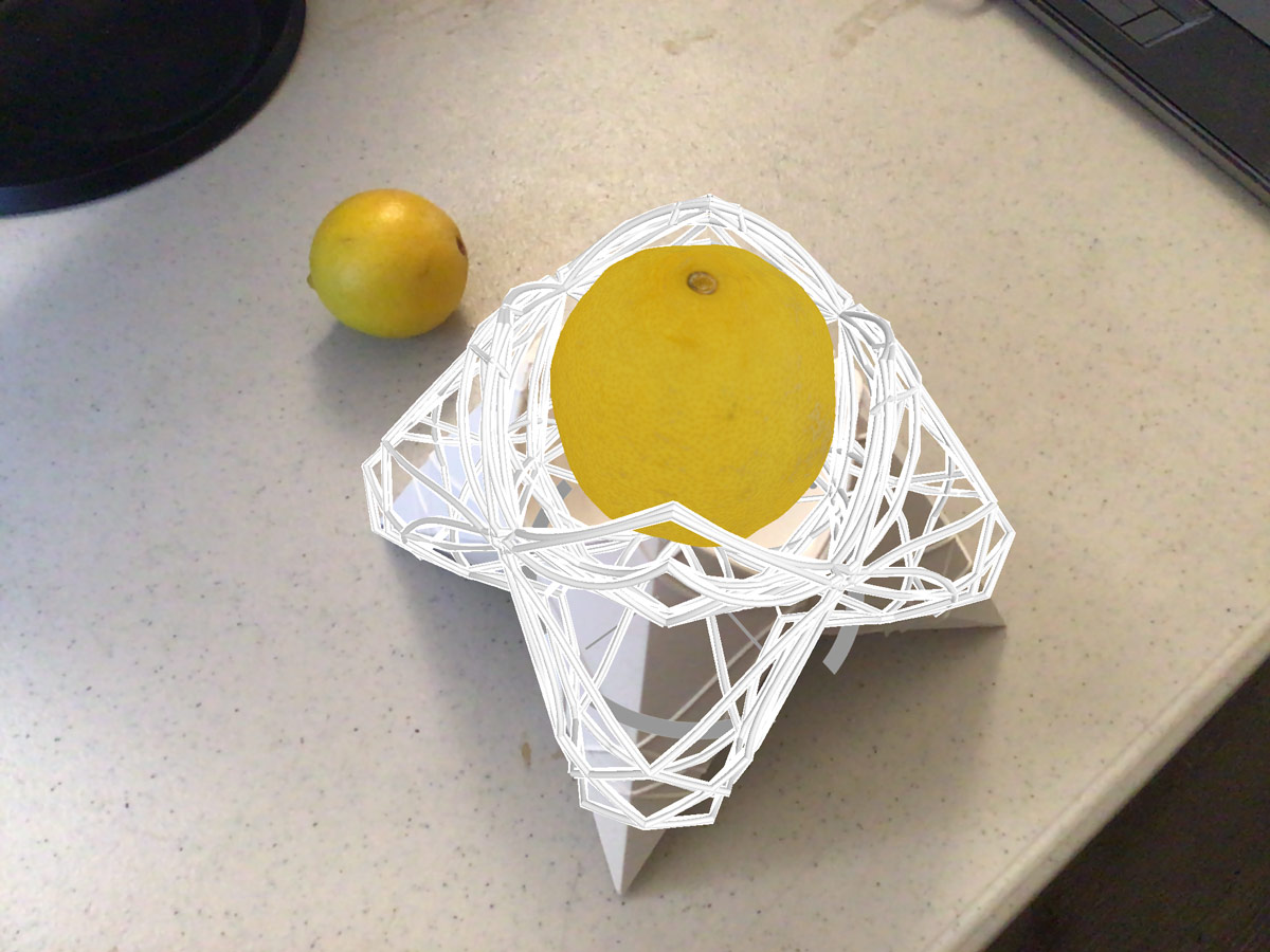 Overlapping physical and digital views of a mixed-reality design object, a vessel holding a lemon