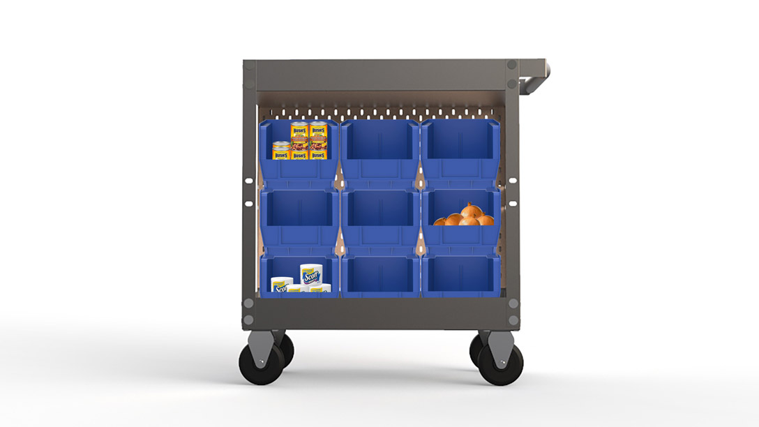 A cart with blue shelves on the side containing cans of foods, onions, and items of basic necessity.