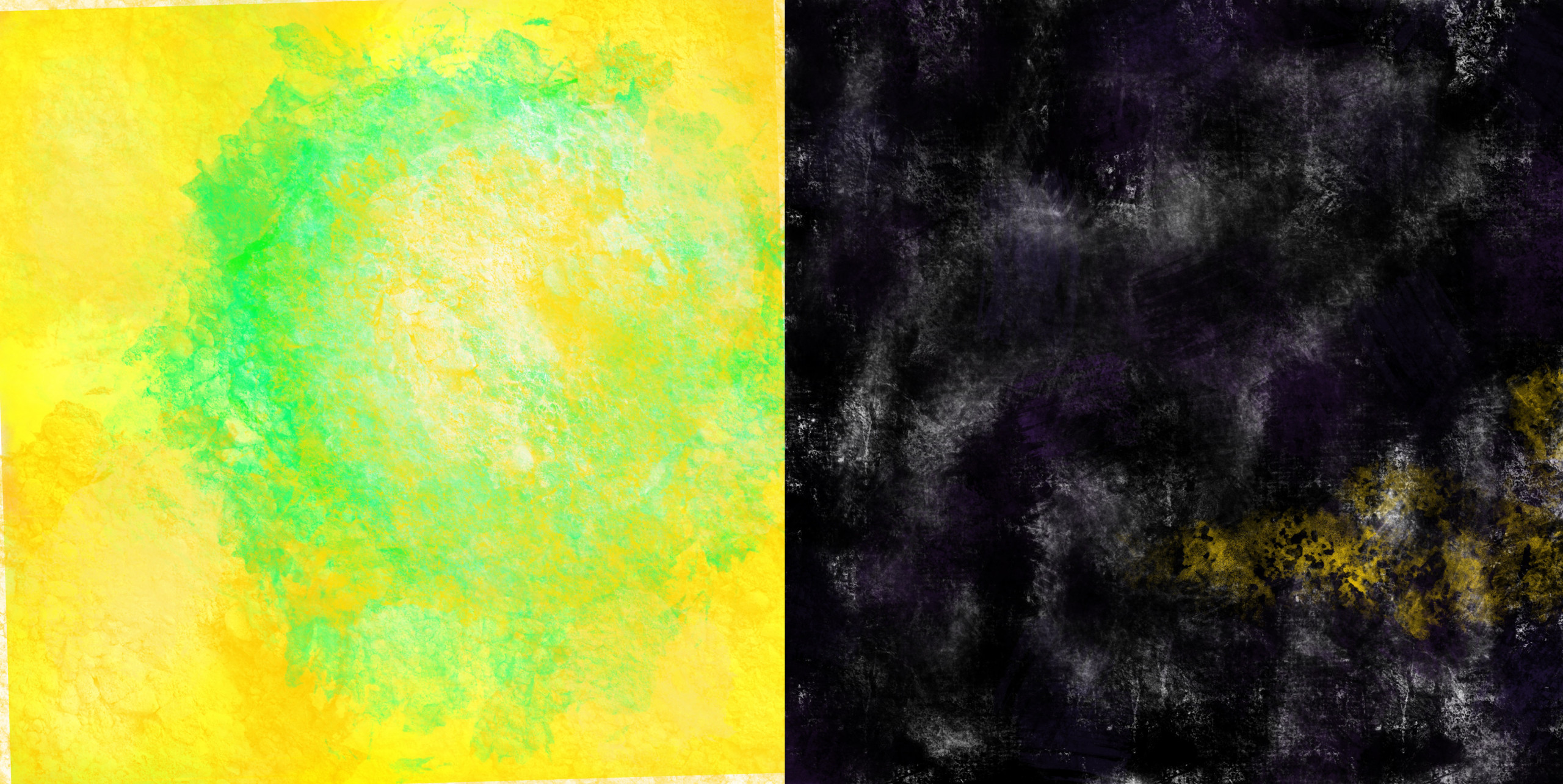 Abstract yellow daubs of color overlay the field around a thick green circle emerging right of center; a blurry yellow triangle peeks out from a fog of black and purple