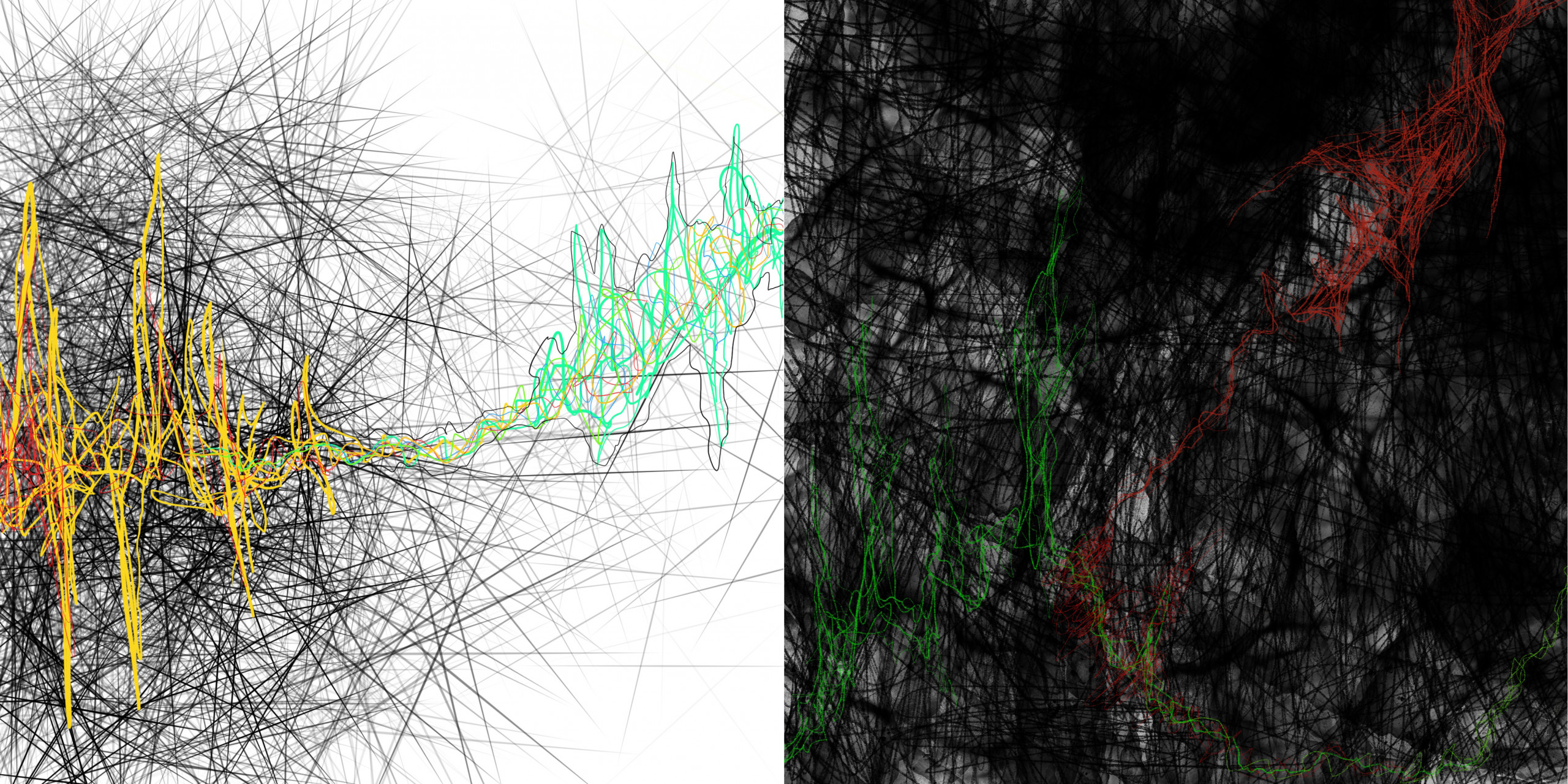 Thin black hashes on a white background underlay a jagged tangle of lines extending from left to right, yellow and red into green; lacy black hashes crisscross a foggy black background, overlaid with a jagged bolt of green and red lines