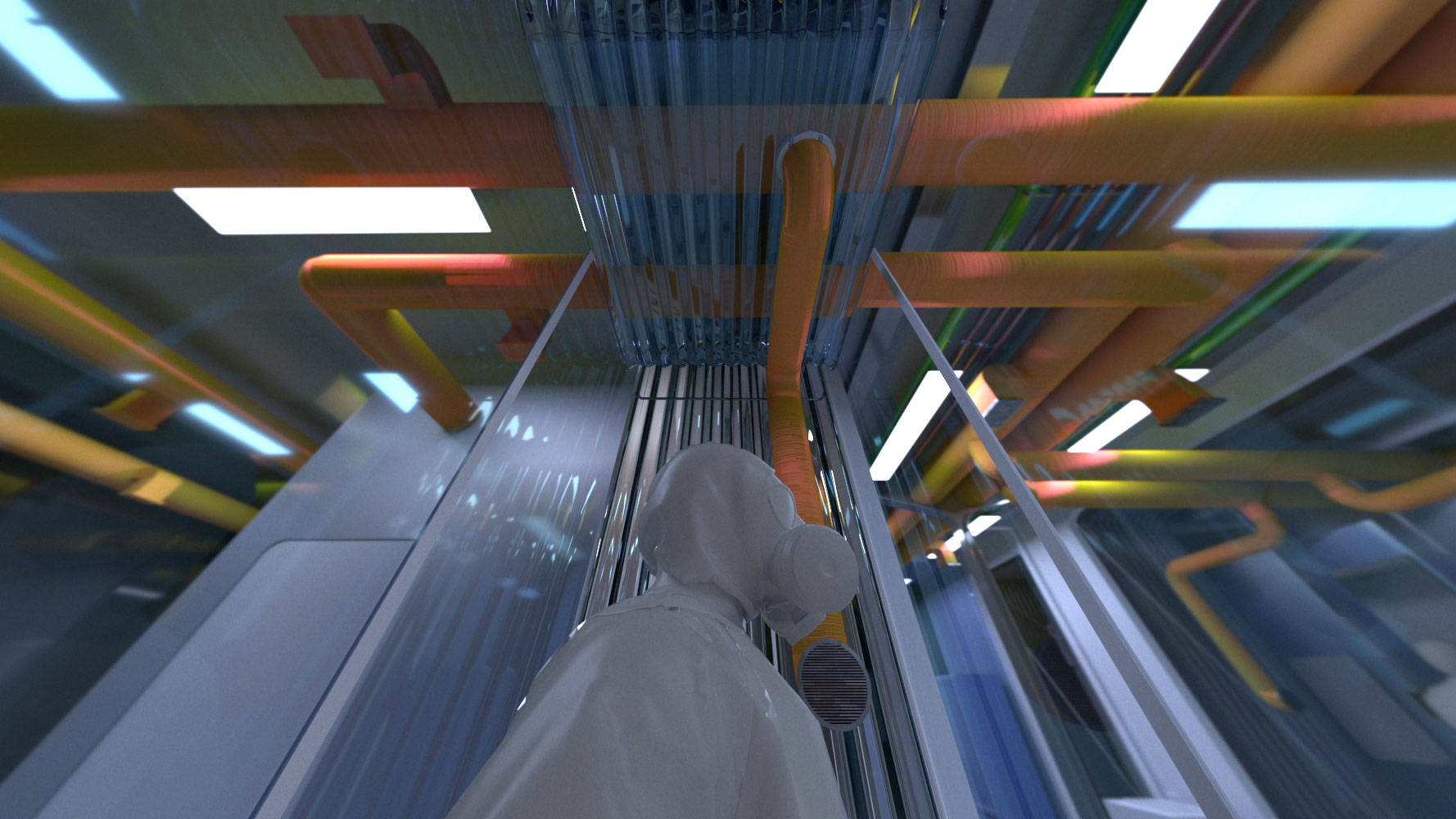 Upward view of exposed orange-yellow ventilation pipes running across a ceiling, with a blurred figure in protective clothing in the foreground
