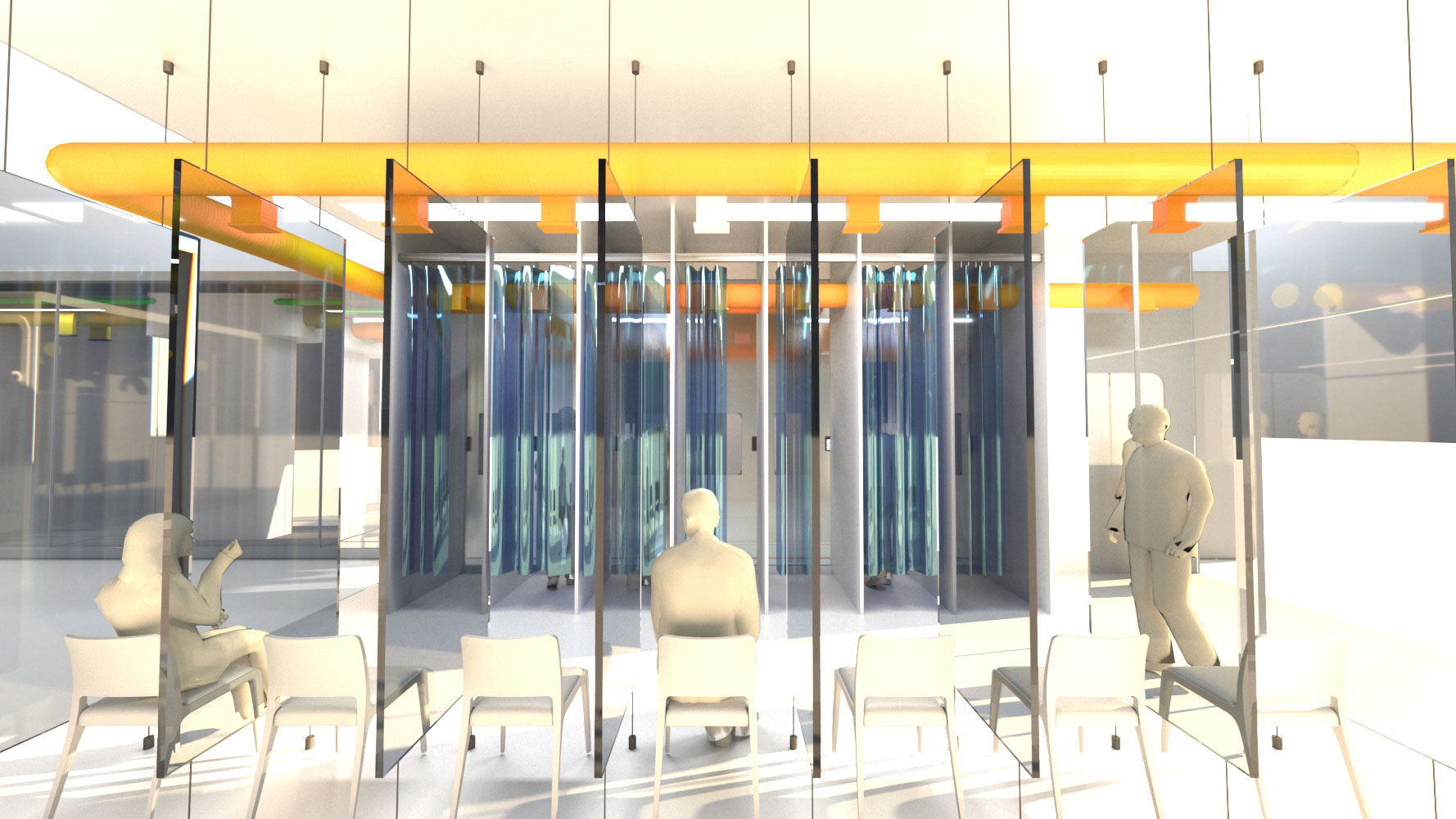 A room divided by transparent partitions, each containing a chair, with an exposed overhead airflow system of yellow pipes