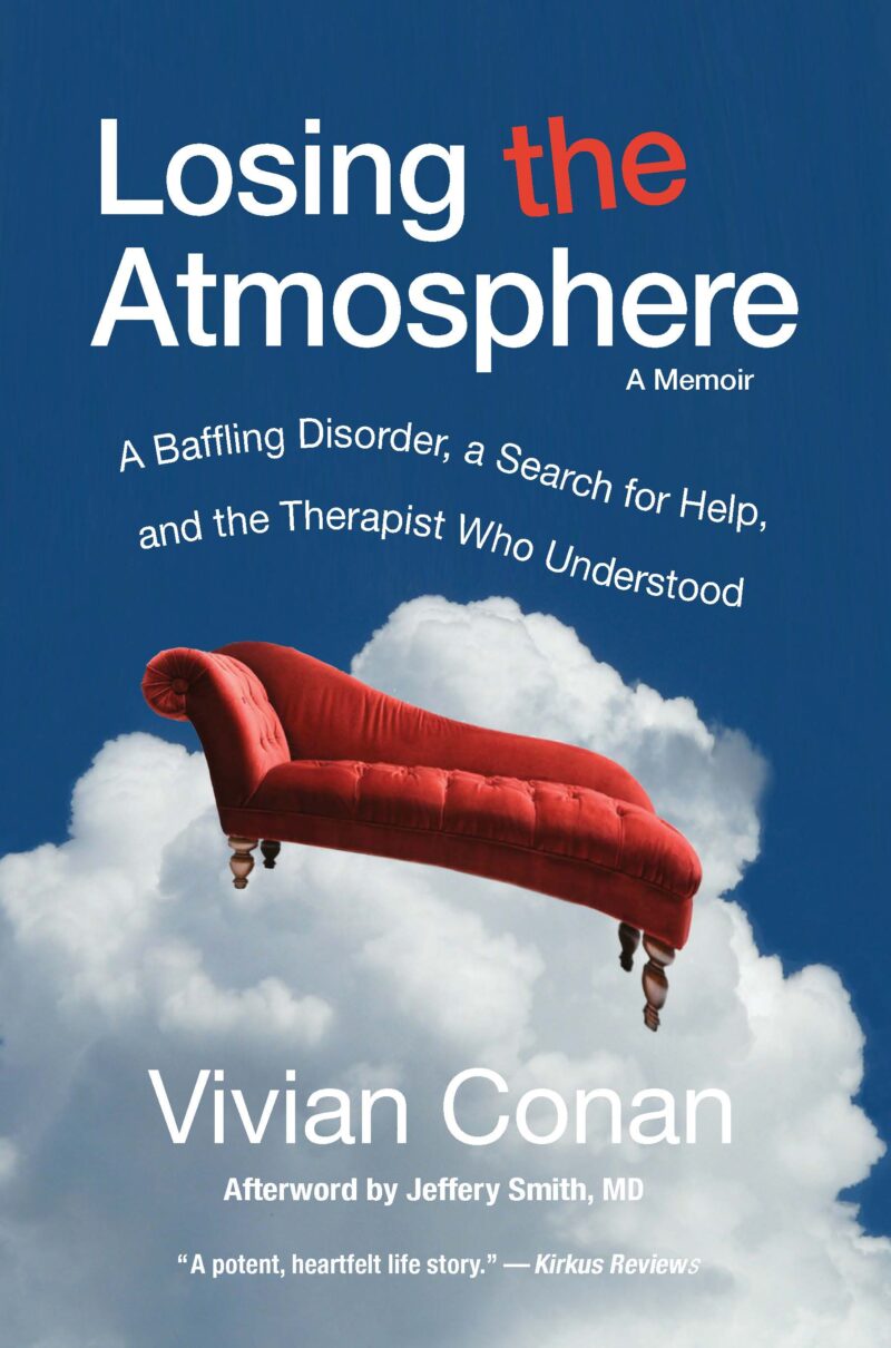 Cover of Losing the Atmosphere, with red chaise floating in a blue sky before a puffy white cloud.