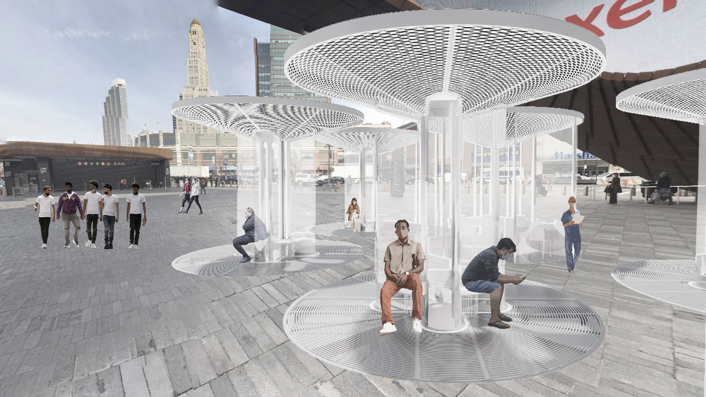 In a plaza outside Barclays Center, people sit on benches around columns with clear partitions and circular canopies