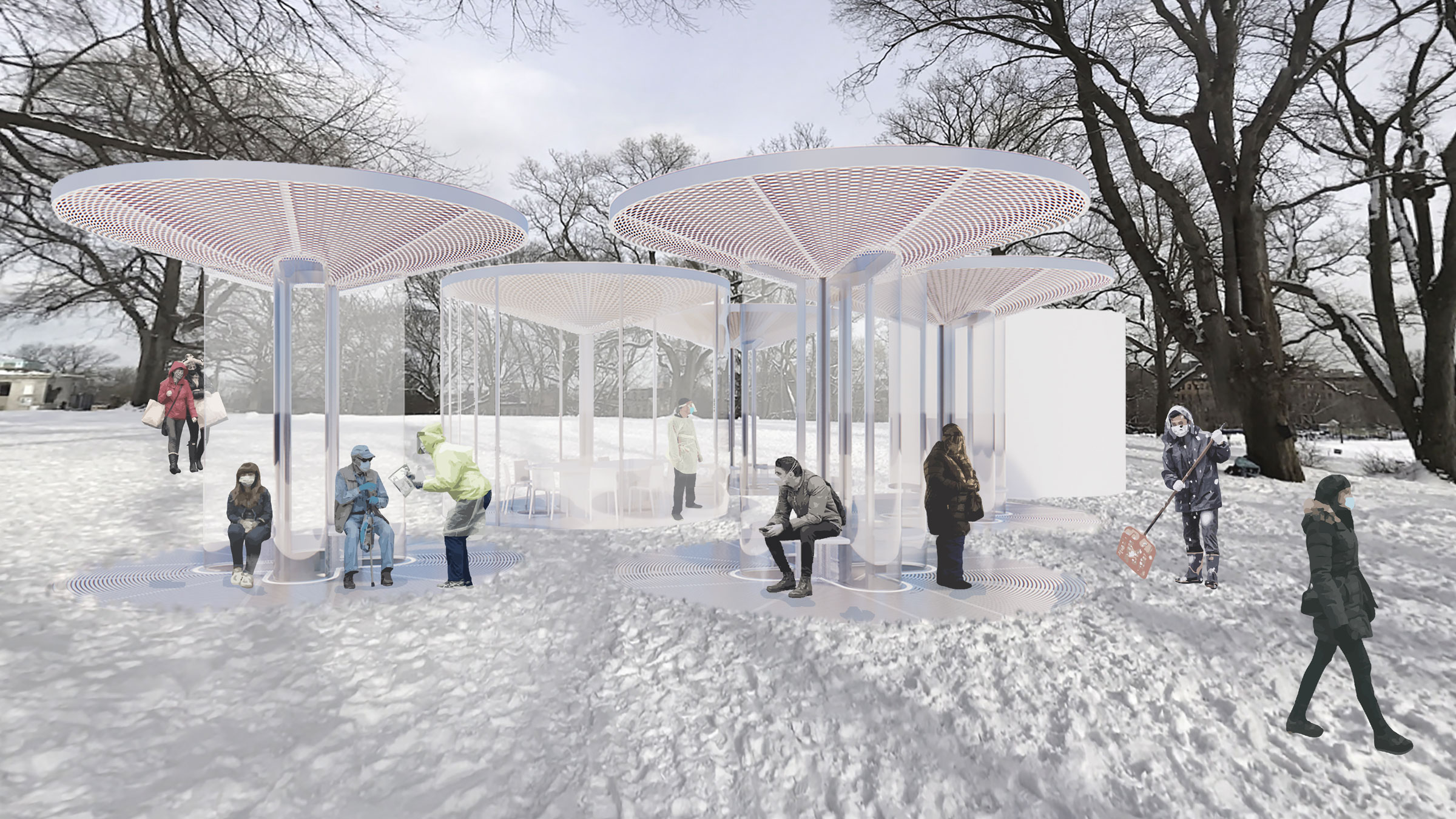 Grouping of pavilions and glass-walled room in a snow-covered clearing in Fort Greene Park, with people waiting, shoveling snow, and walking past