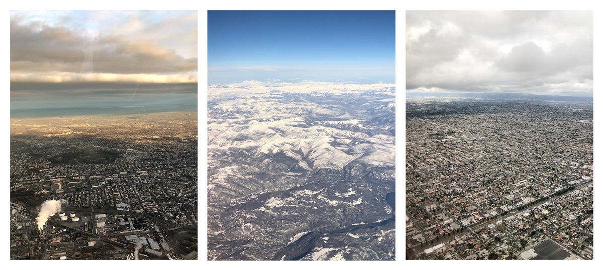 Three picture of different locations, a city with factories on the left; snowy mountains in the middle; and a city in the middle