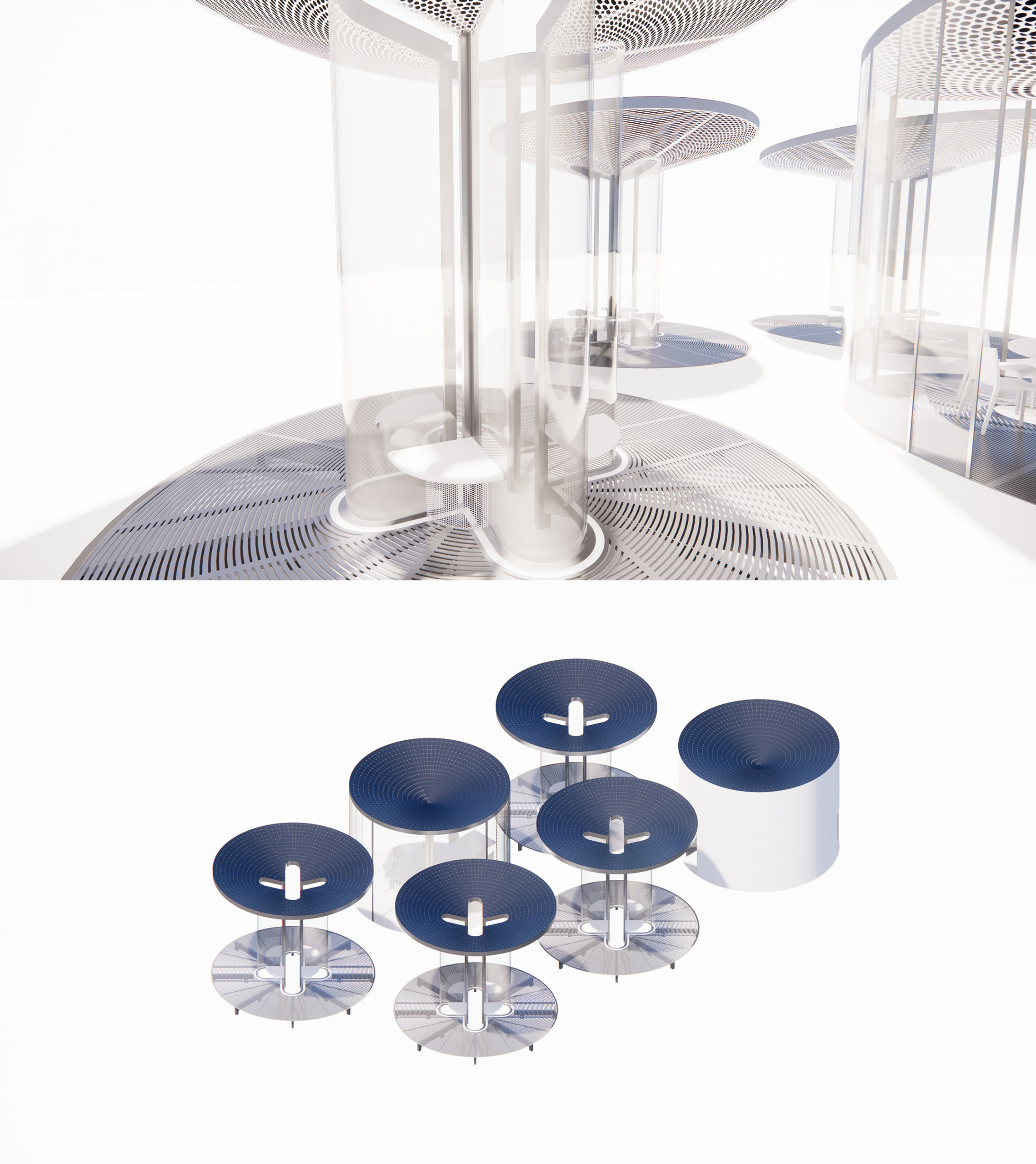 Cluster of pavilions with solar panels