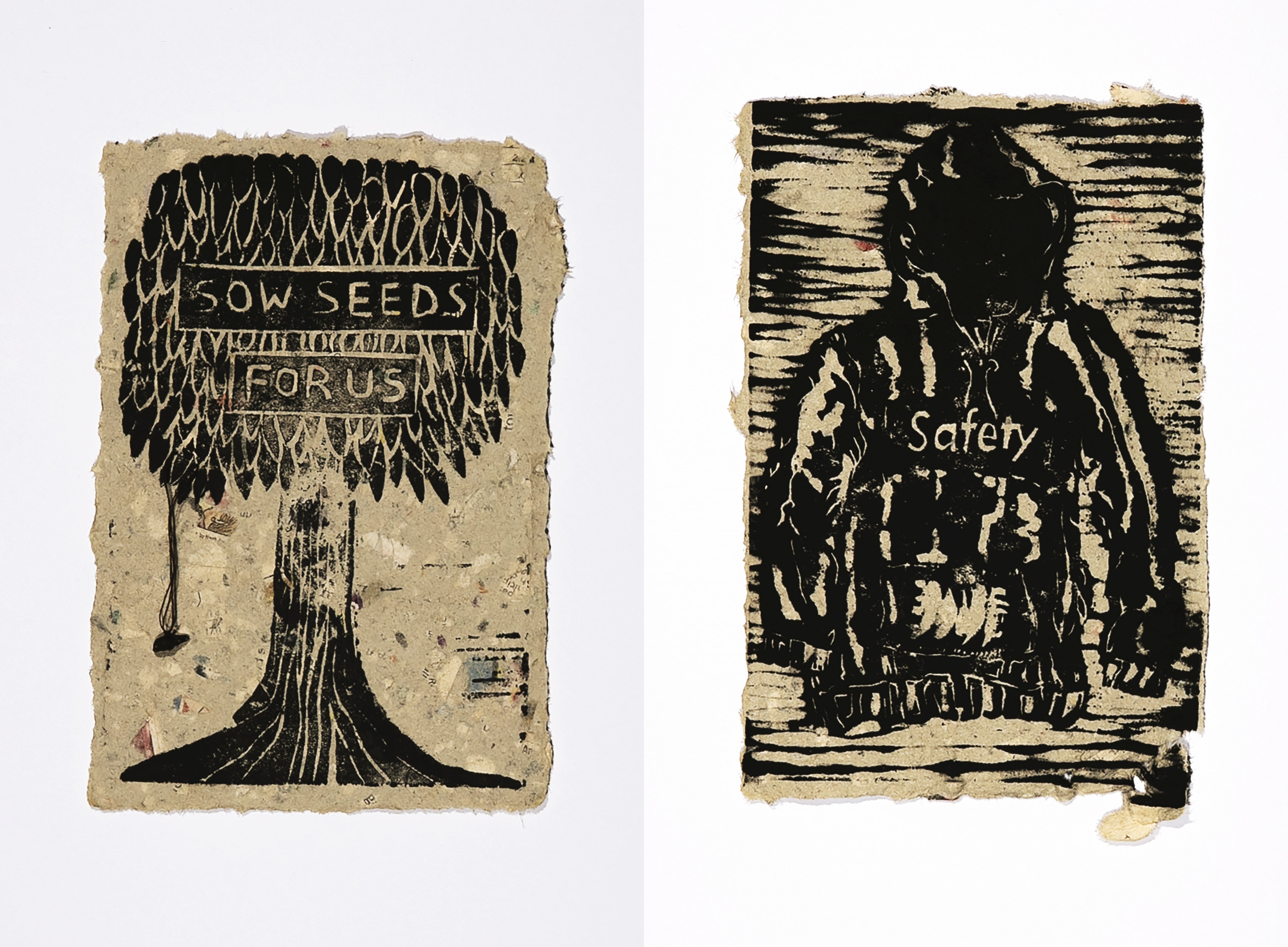 Multicolored recycled paper showing flecks of original media and seeds, with print of tree in full leafy bloom holding message “sow seeds for us,” and print of black sweatshirt reading Safety